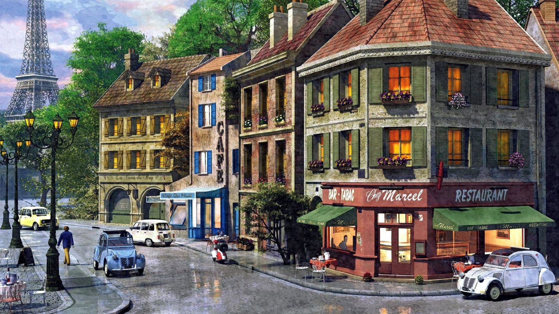 Handy-Wallpaper Paris, Eiffelturm, Gebäude, Farben, Malerei, Künstlerisch, Innerortsstraße kostenlos herunterladen.