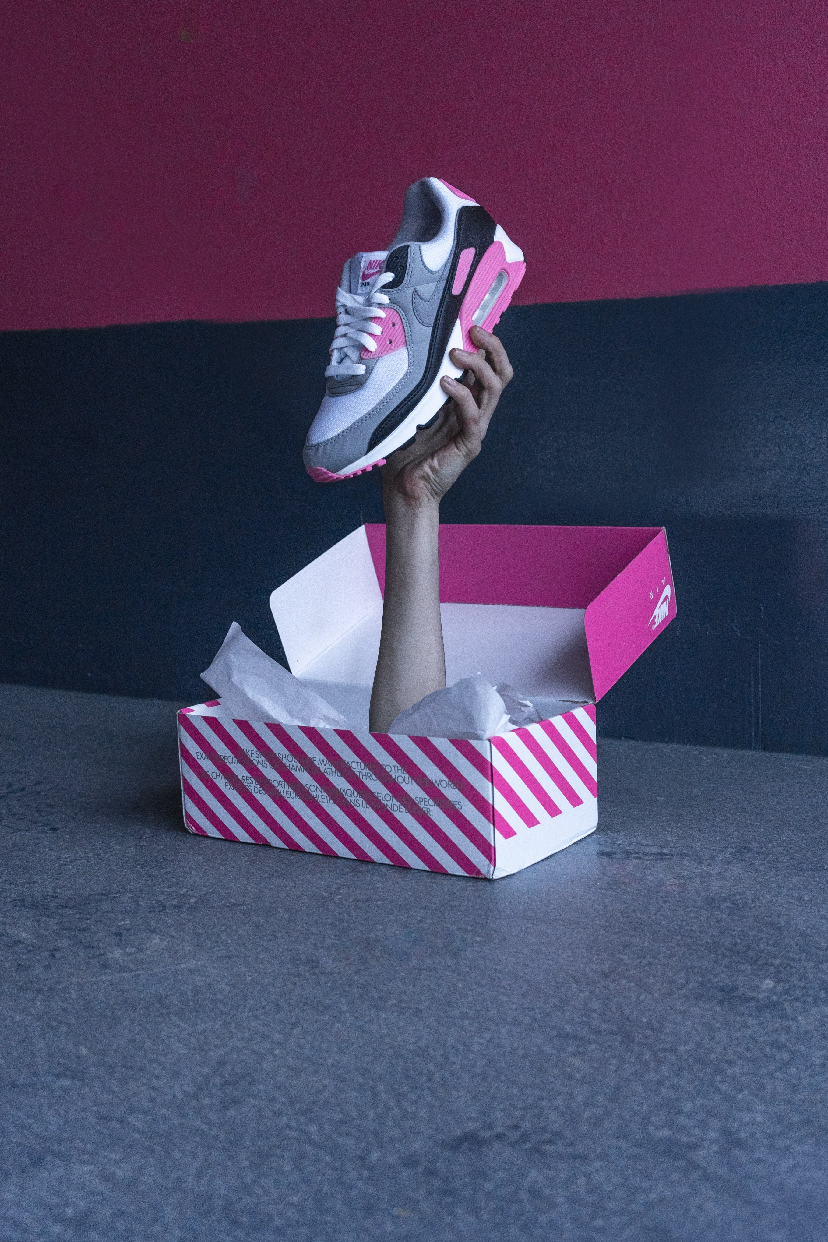 Download mobile wallpaper Miscellanea, Box, Miscellaneous, Hand, Sneakers, Photoshop for free.