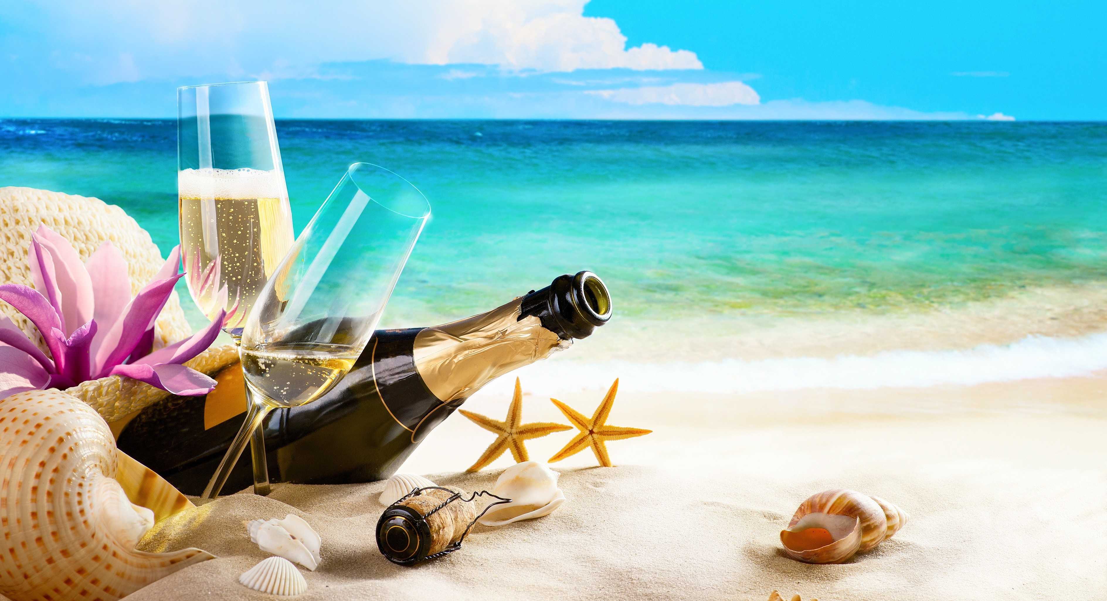 Скачати мобільні шпалери Шампанське, Харчування, Пляжний безкоштовно.