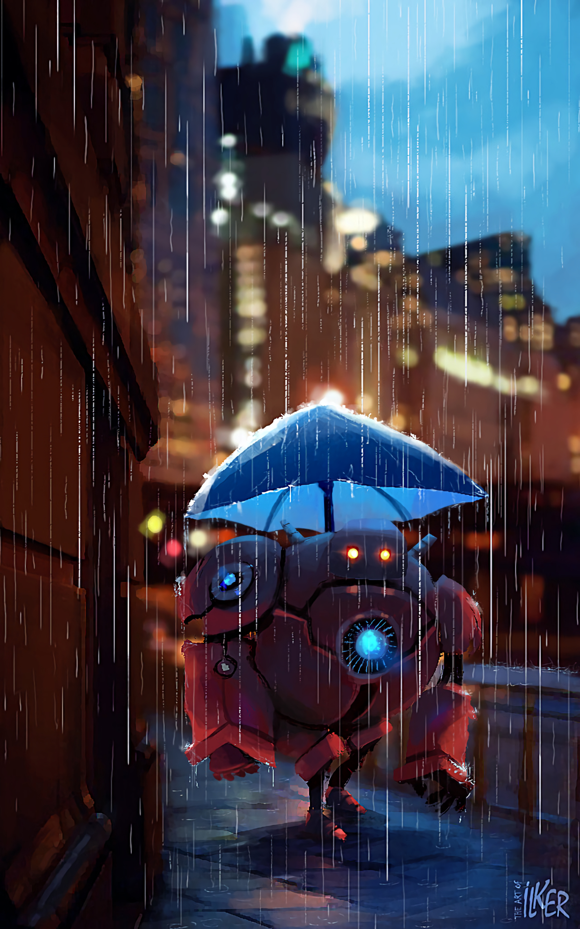 robot, art, rain, umbrella, street lock screen backgrounds