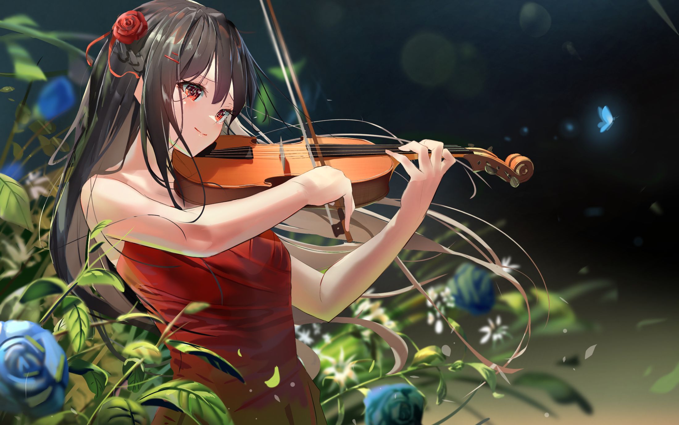 Handy-Wallpaper Musik, Blume, Violine, Rote Augen, Animes, Schwarzes Haar, Rotes Kleid kostenlos herunterladen.