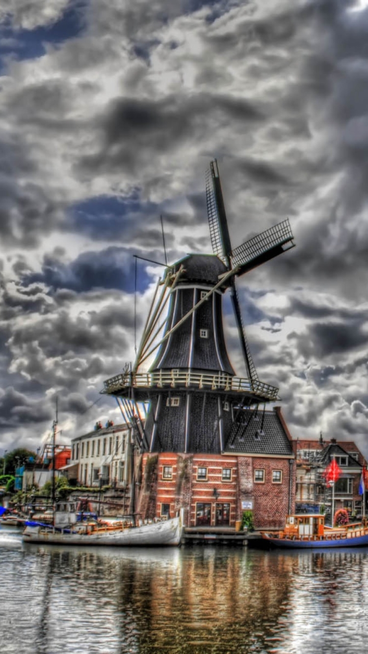 Download mobile wallpaper Hdr, Cloud, Netherlands, Photography, Mill, Amsterdam for free.