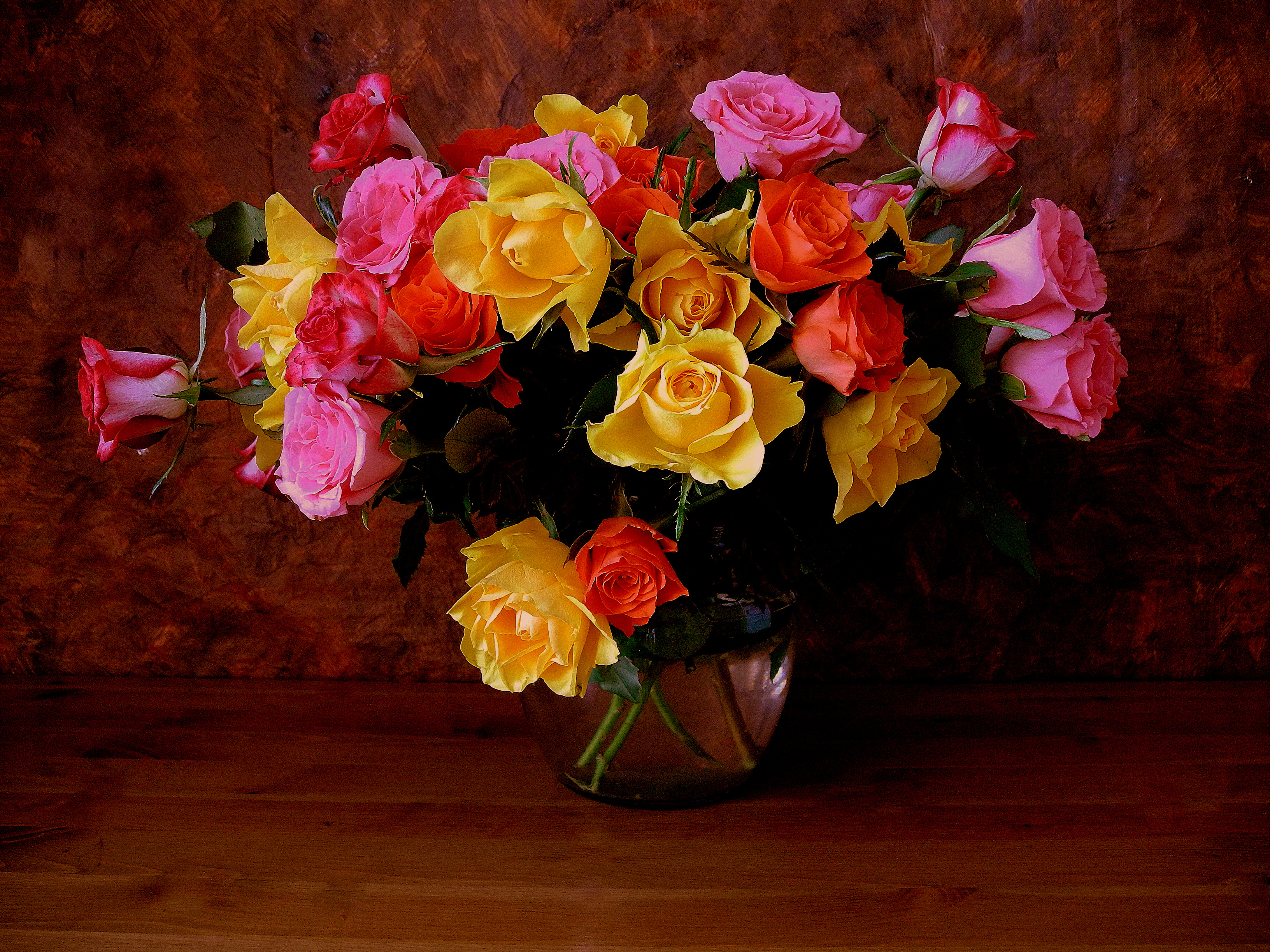 Download mobile wallpaper Flower, Rose, Colors, Vase, Colorful, Yellow Flower, Man Made, Pink Flower, Orange Flower for free.
