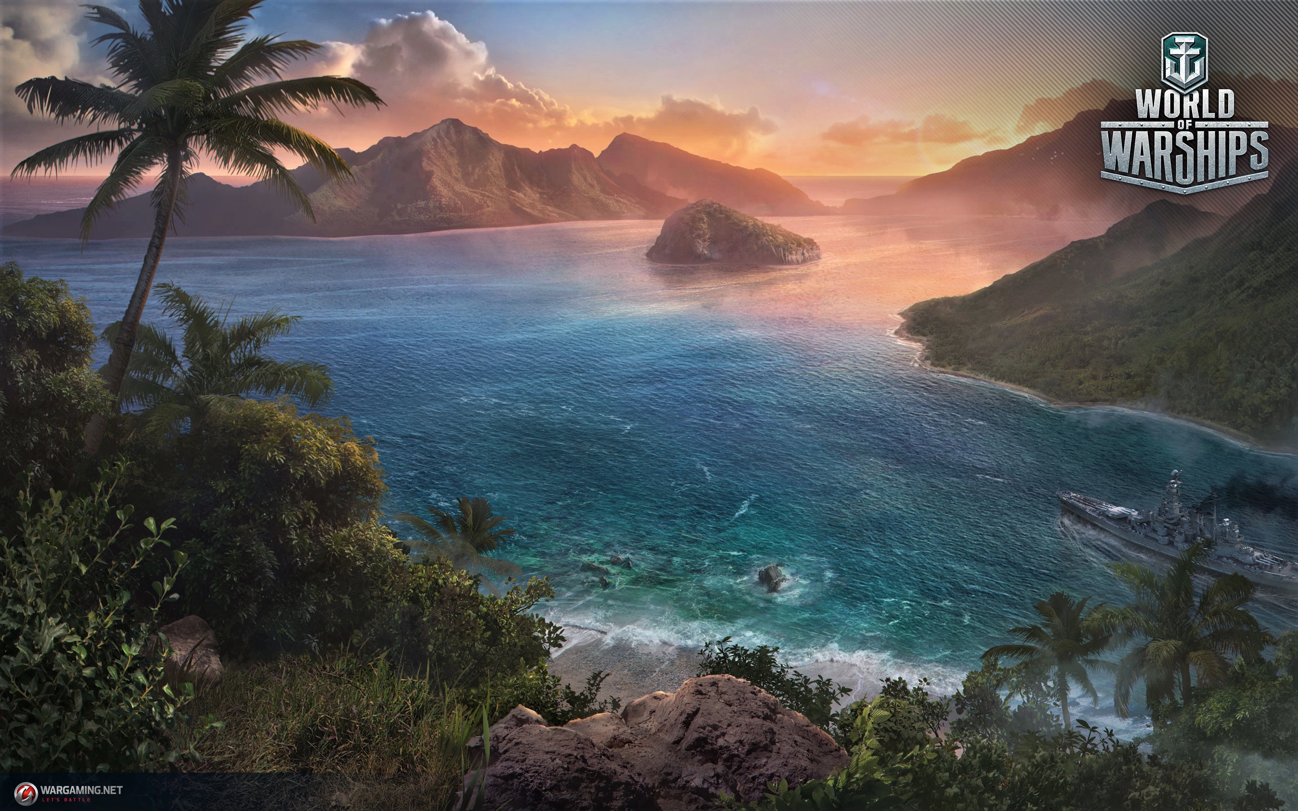 Baixe gratuitamente a imagem Mar, Oceano, Palmeira, Navio, Tropical, Navio De Guerra, Videogame, World Of Warships na área de trabalho do seu PC