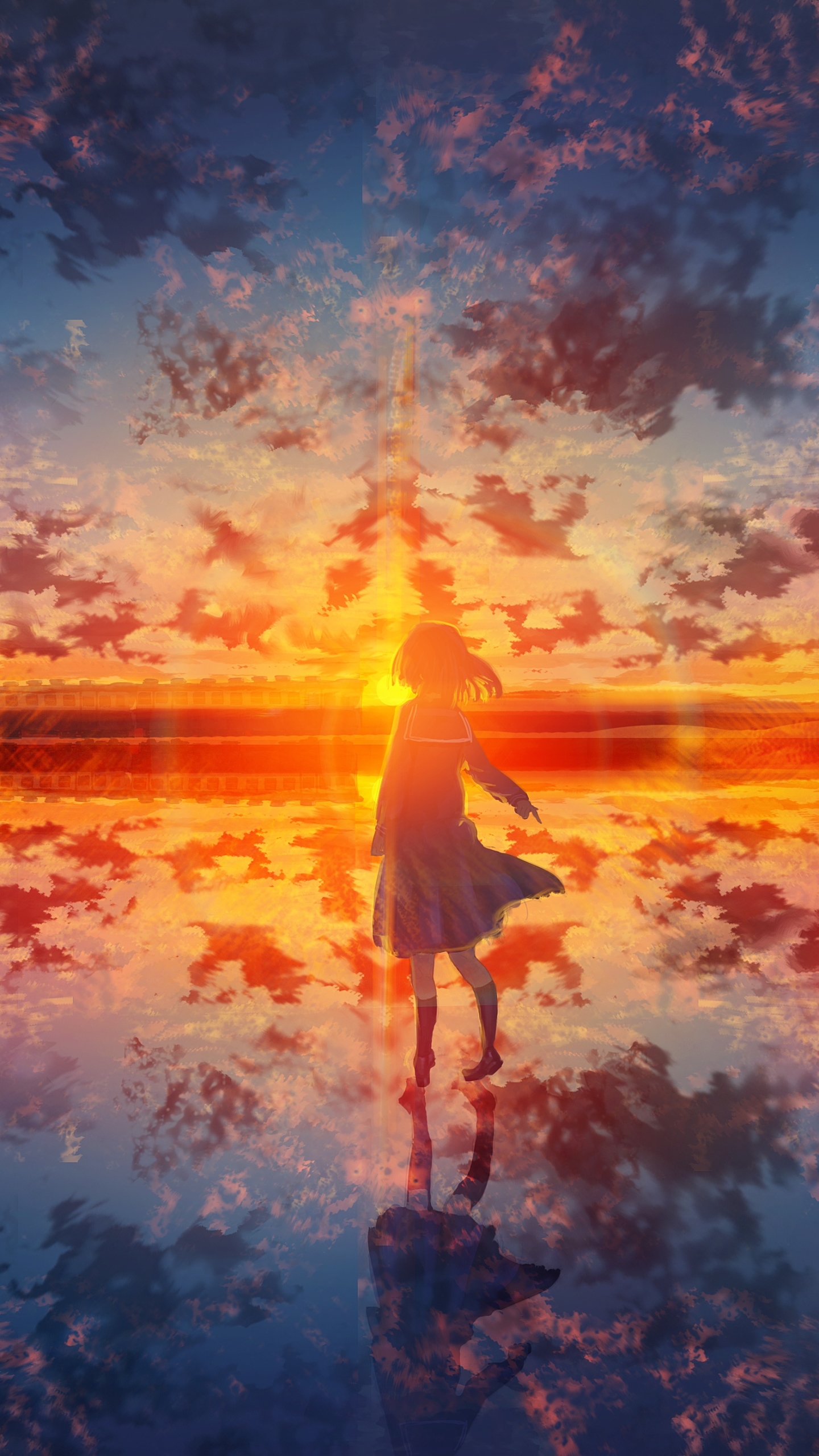 Download mobile wallpaper Anime, Water, Sunset, Reflection, Schoolgirl, Original for free.