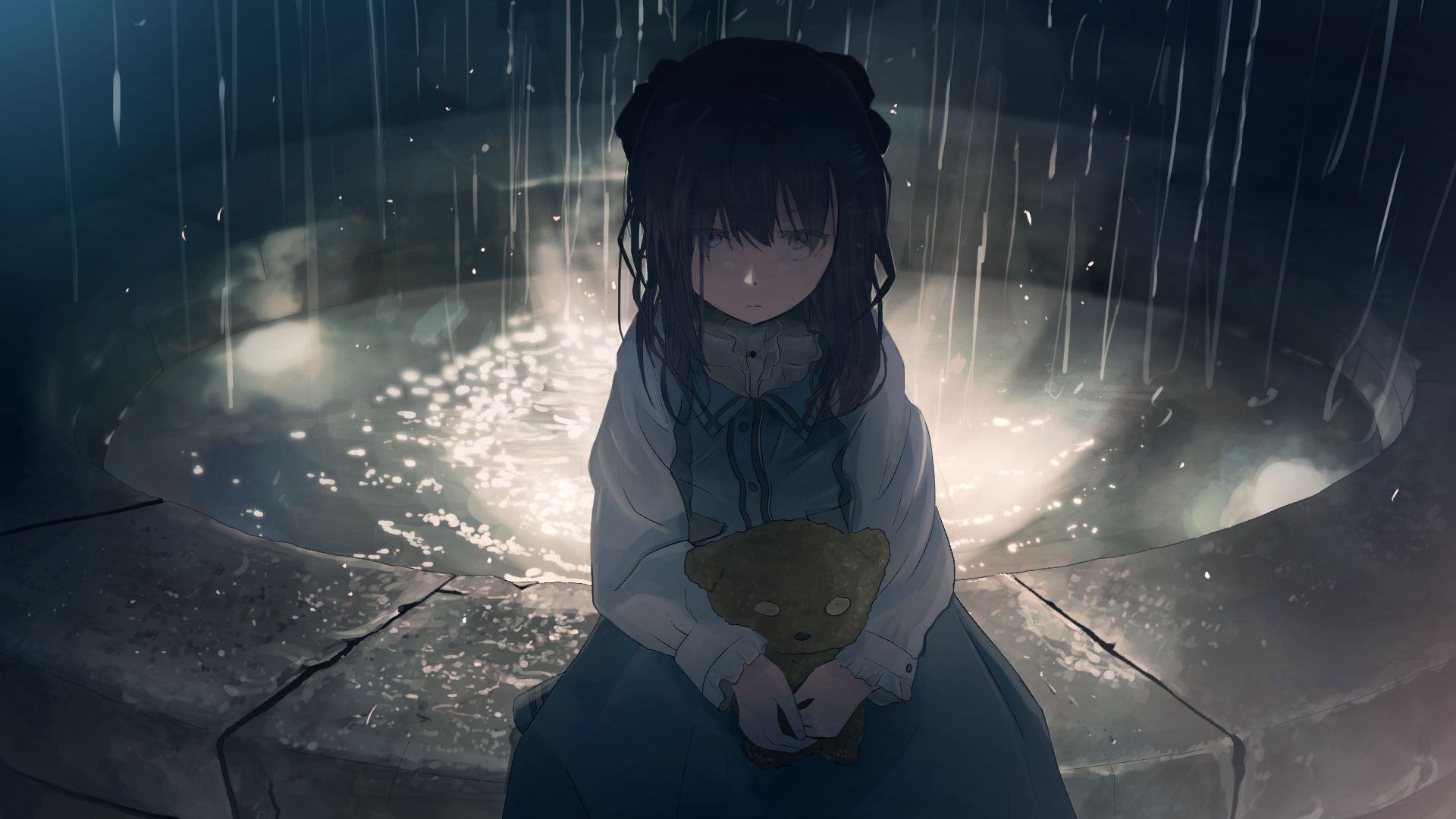 934343 Bild herunterladen animes, original, regen, traurigkeit, brunnen - Hintergrundbilder und Bildschirmschoner kostenlos