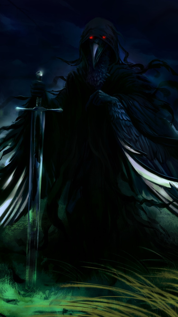 Download mobile wallpaper Dark, Beak, Warrior, Creature, Sword, Red Eyes for free.