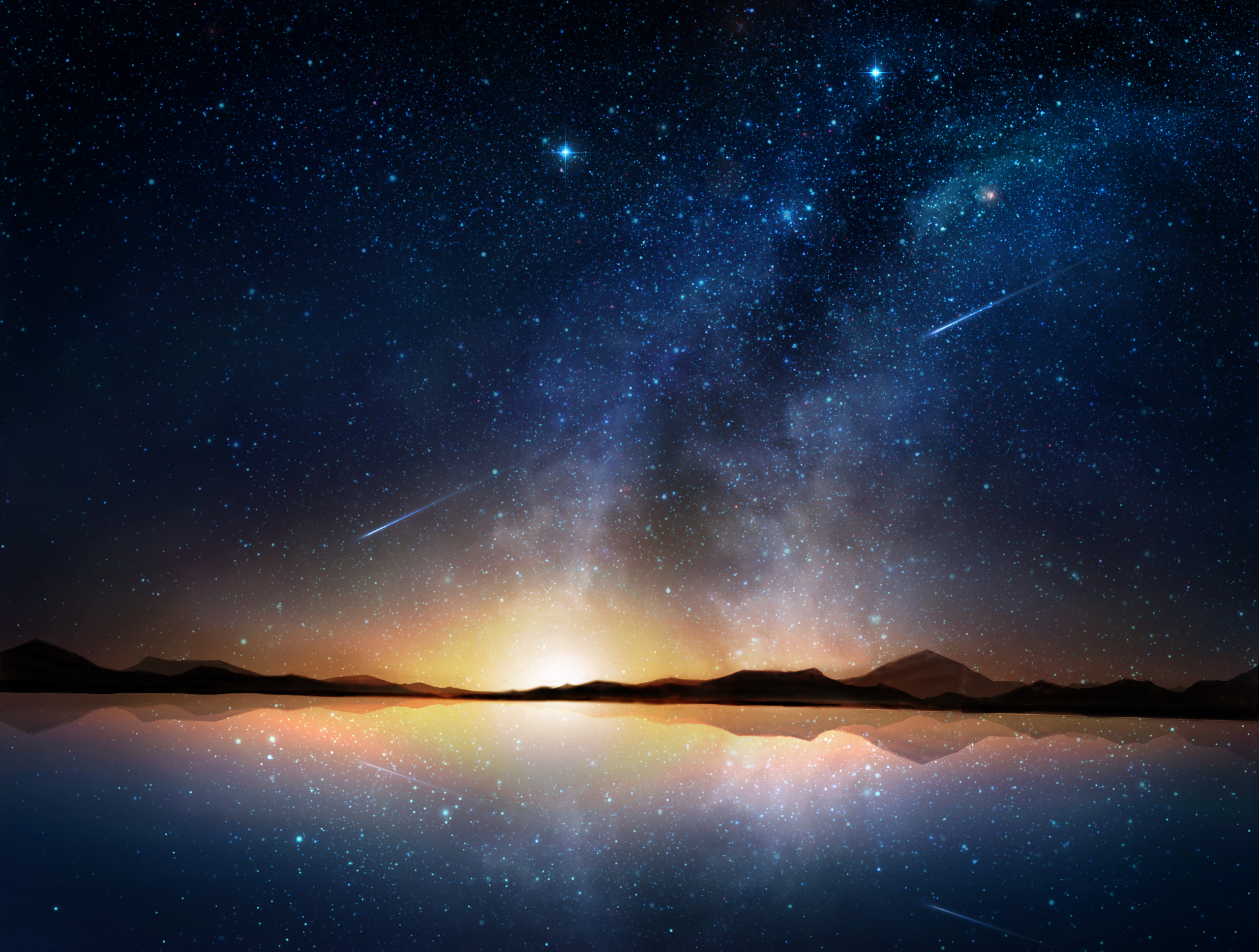 Laden Sie das Natur, Sternschnuppe, Künstlerisch, Spiegelung, Sternenklarer Himmel-Bild kostenlos auf Ihren PC-Desktop herunter