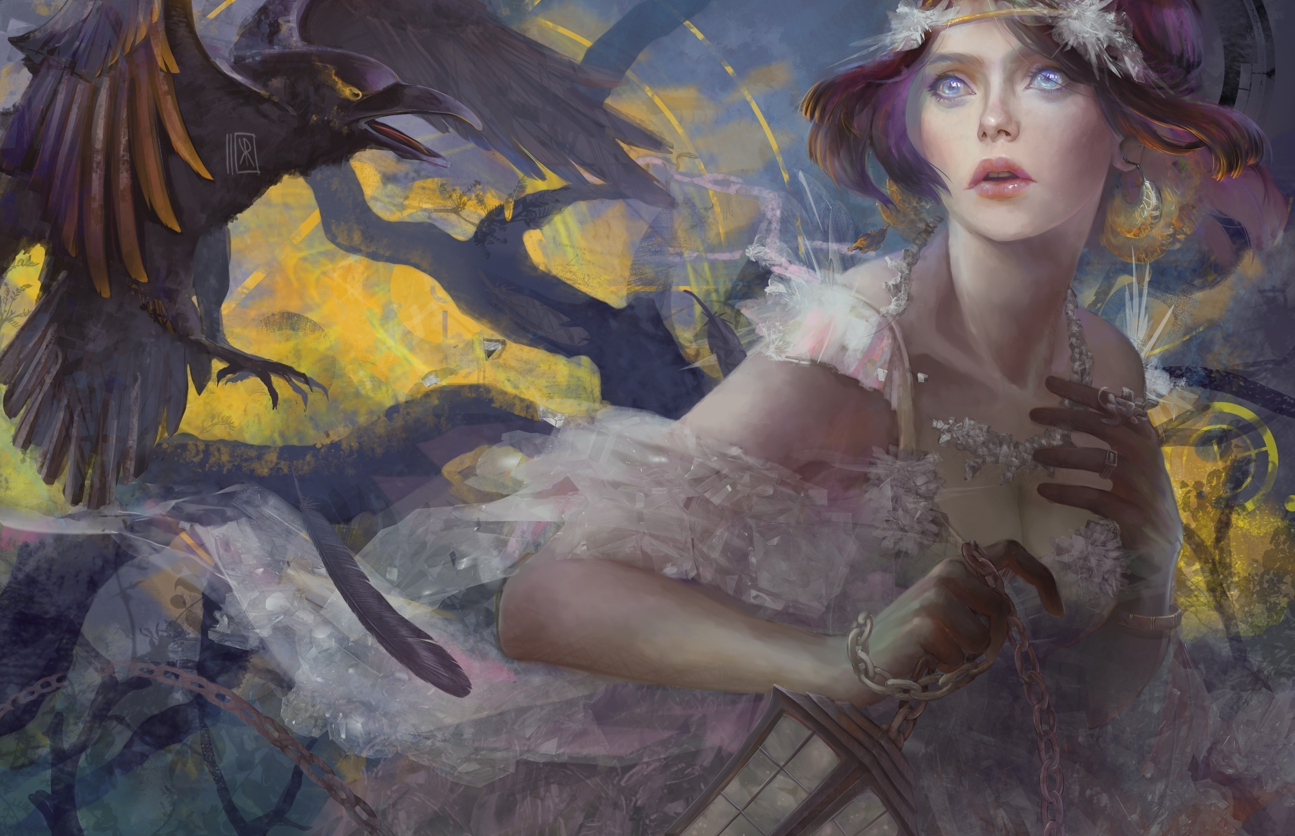 Download mobile wallpaper Fantasy, Bird, Raven, Women, Blue Eyes for free.