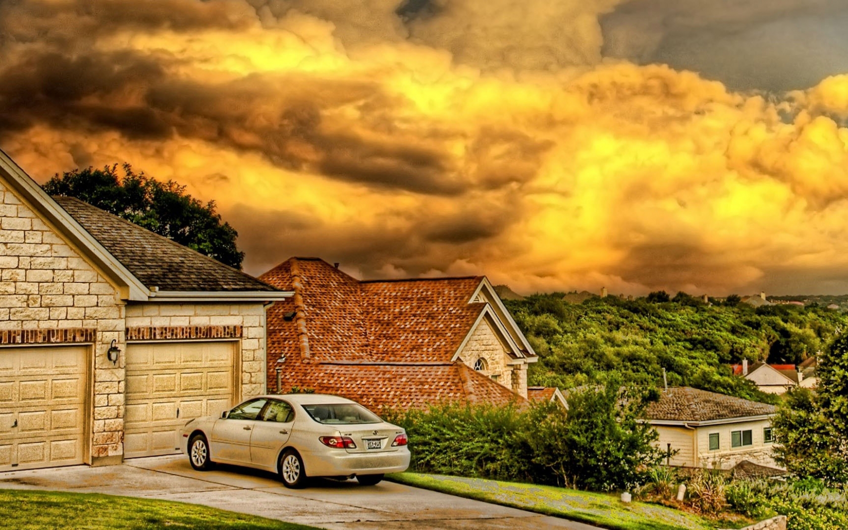 Free download wallpaper Gold, Car, House, Hdr, Cloud, Vehicle, Man Made on your PC desktop