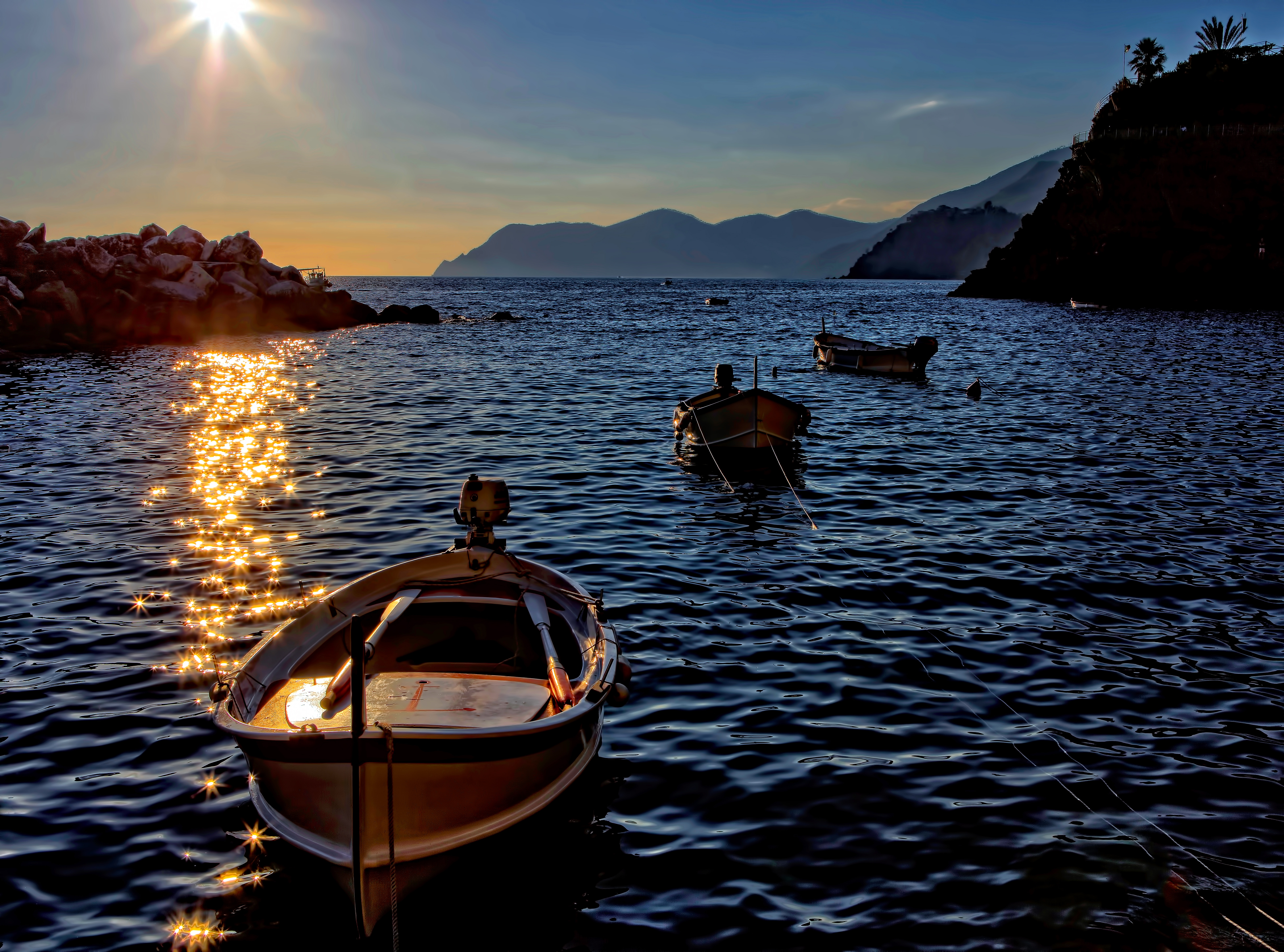 Free download wallpaper Nature, Shine, Water, Sunset, Brilliance, Boat, Sea on your PC desktop
