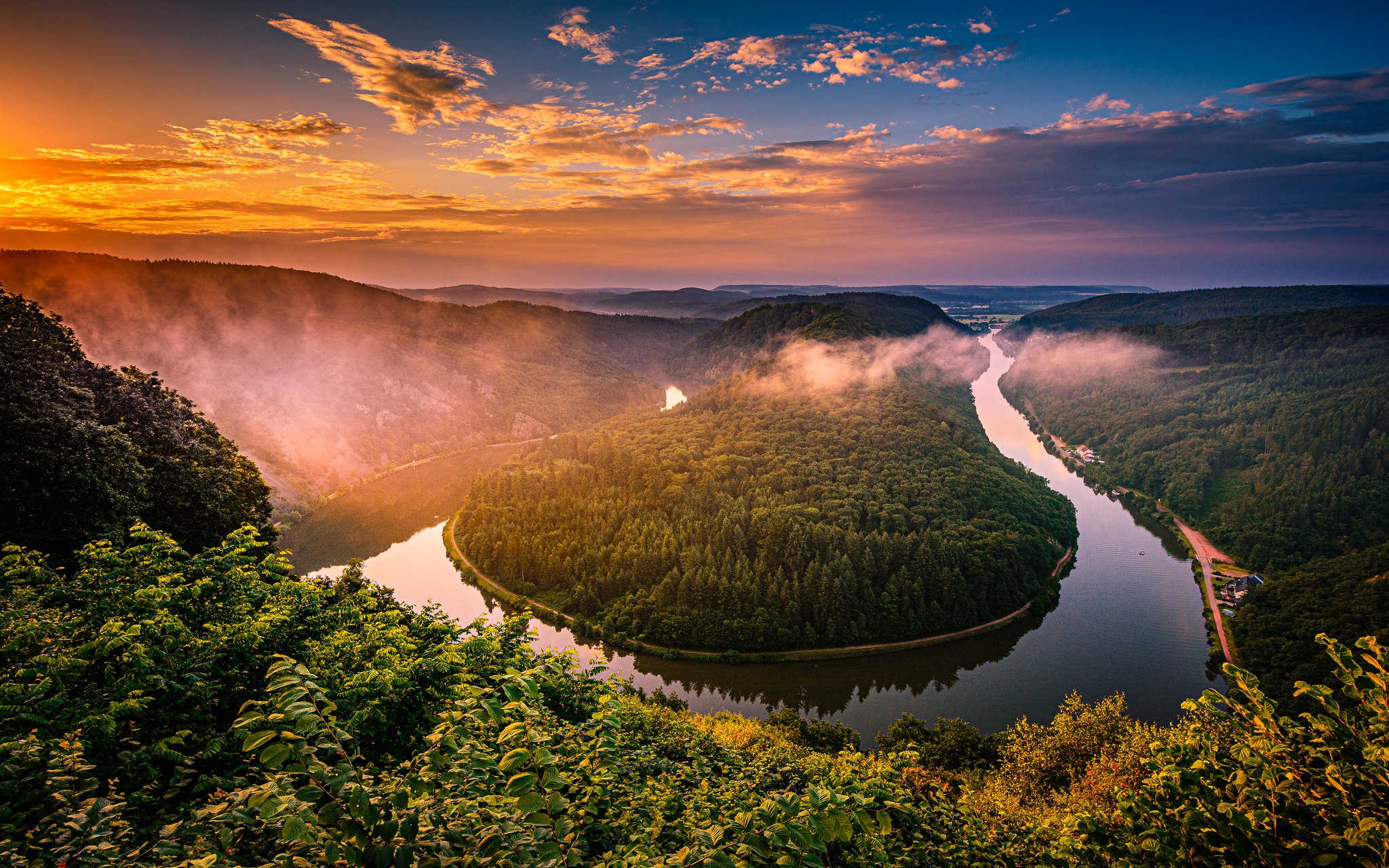 Handy-Wallpaper Wald, Fluss, Deutschland, Sonnenuntergang, Erde/natur kostenlos herunterladen.