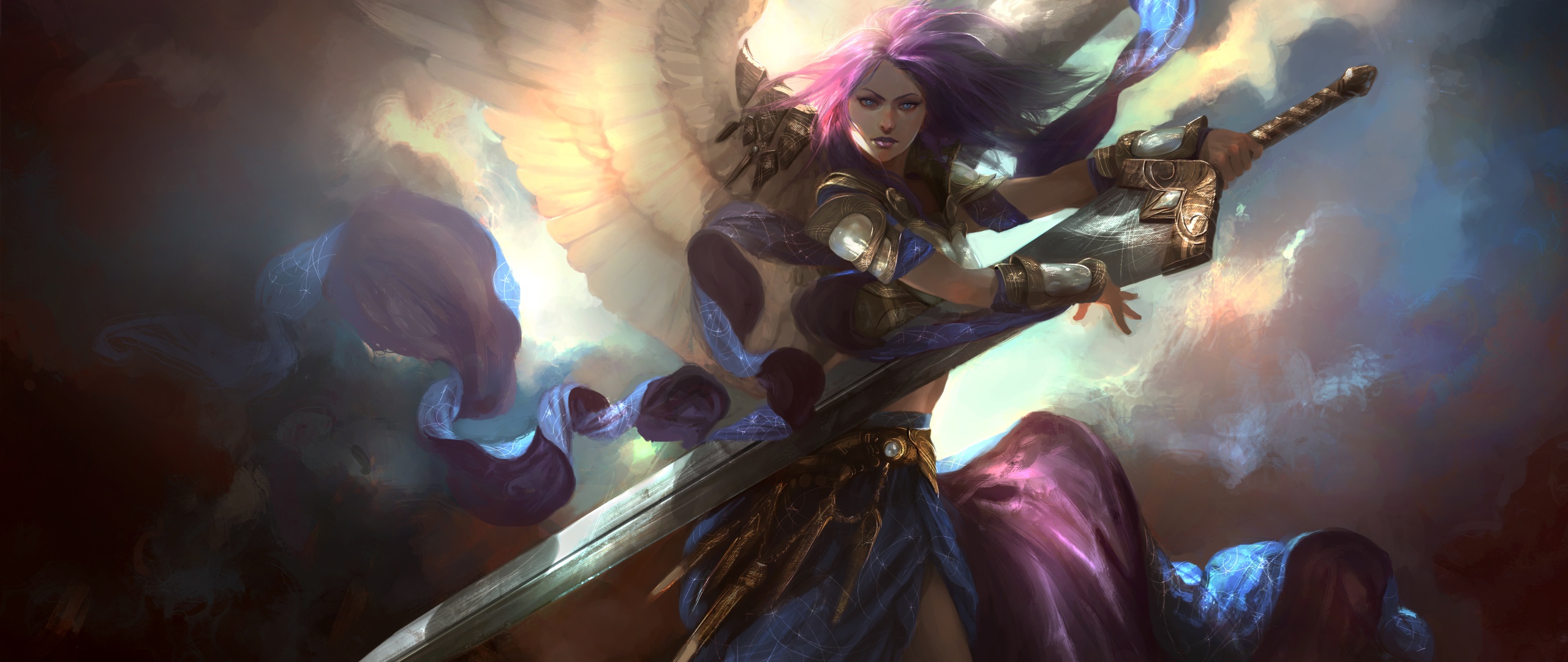 Free download wallpaper Fantasy, Sword, Angel Warrior, Purple Hair on your PC desktop