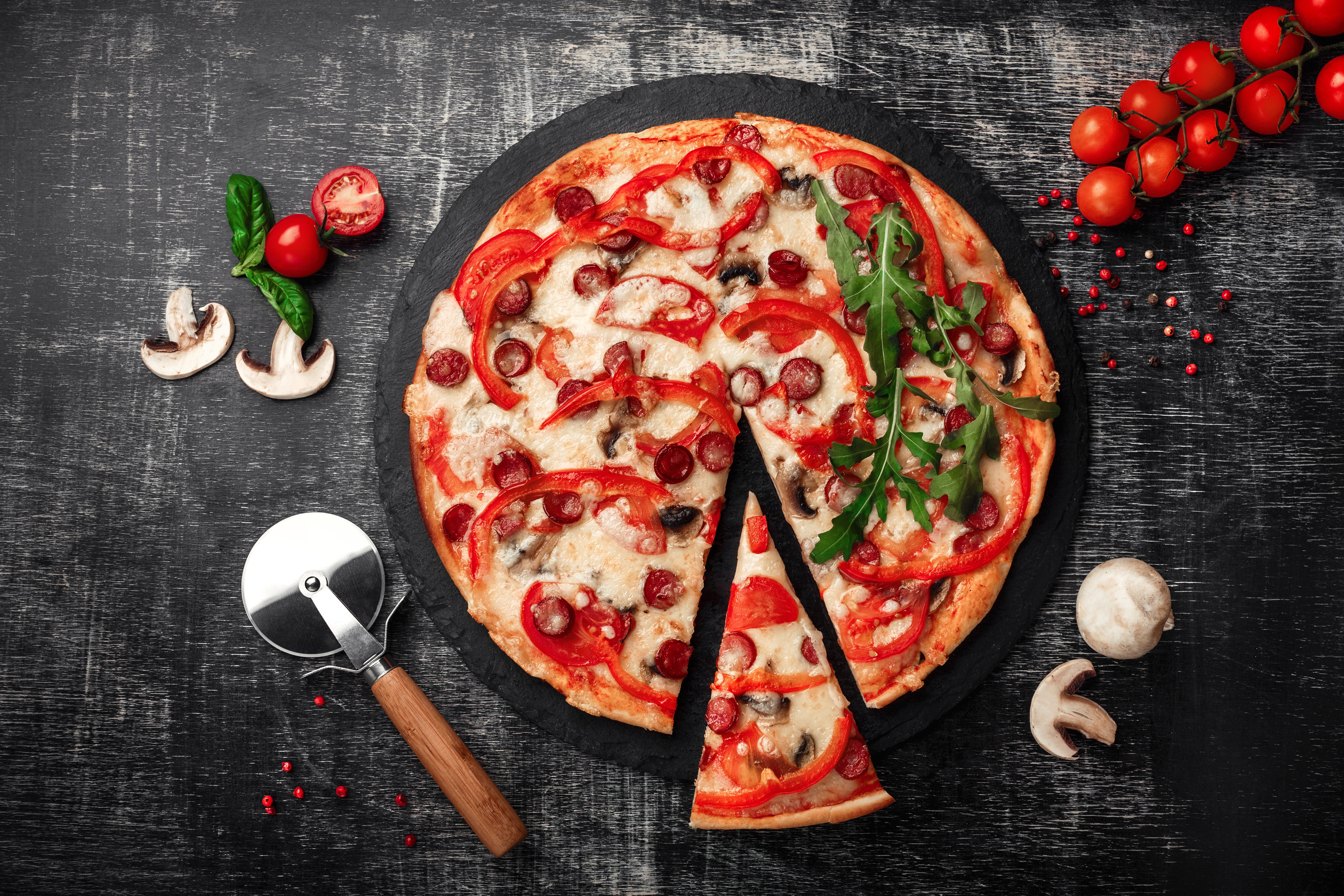 PCデスクトップにピザ, 静物, トマト, 食べ物画像を無料でダウンロード