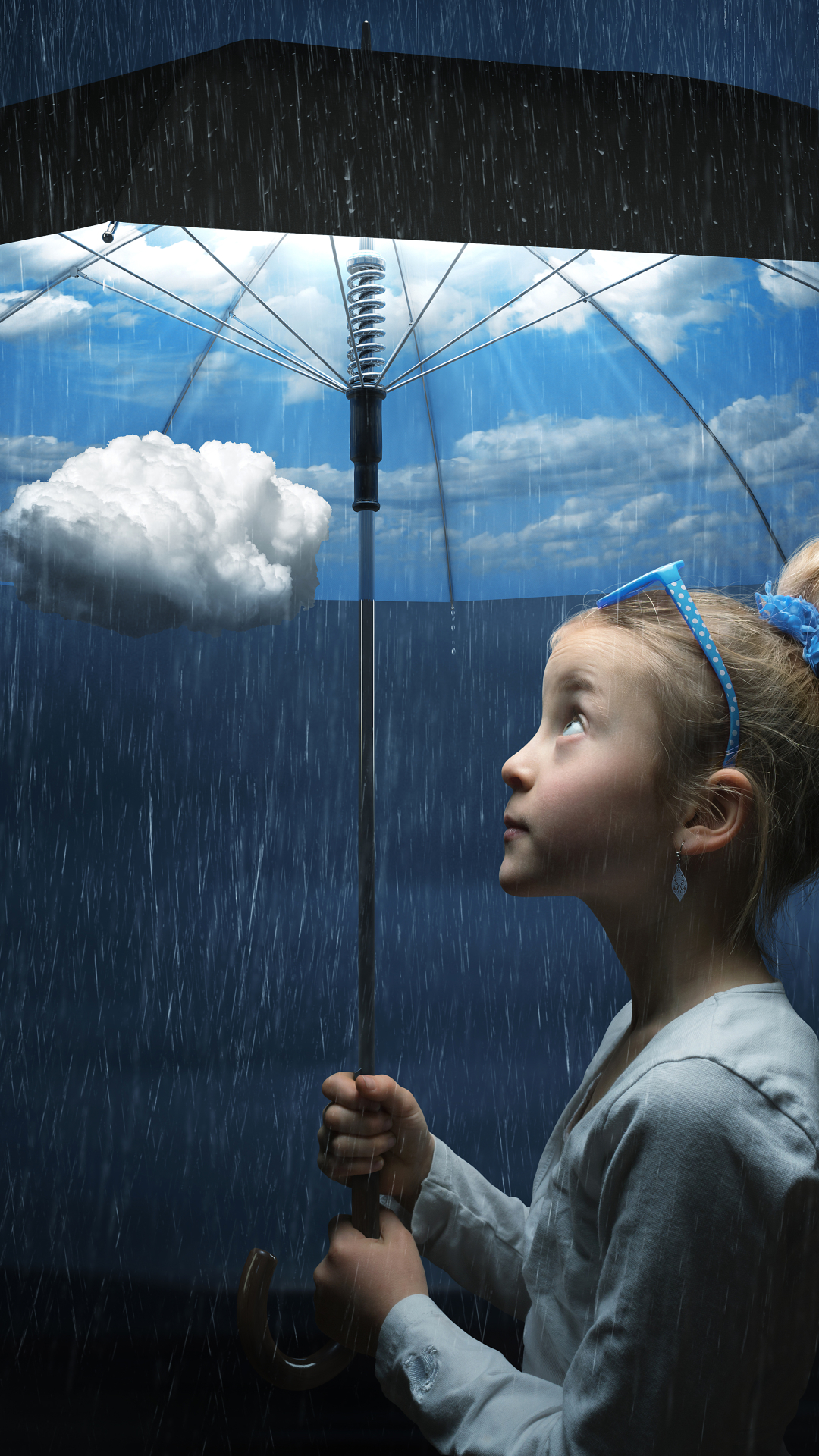 Handy-Wallpaper Fantasie, Regen, Kinder, Regenschirm, Wolke, Blond, Blondinen, Himmel, Manipulation, Kleines Mädchen kostenlos herunterladen.