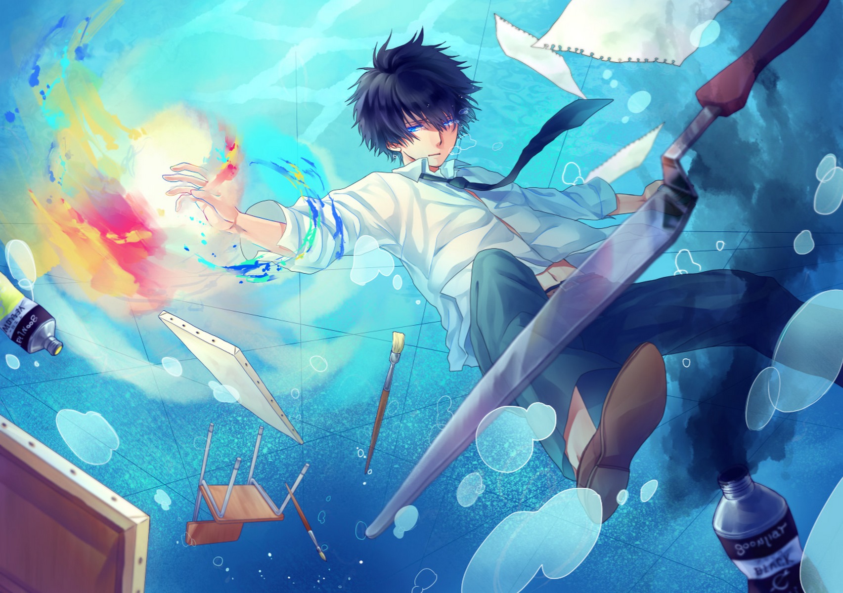 Free download wallpaper Anime, Water, Underwater, Tie, Blue Eyes, Original, Blue Hair on your PC desktop