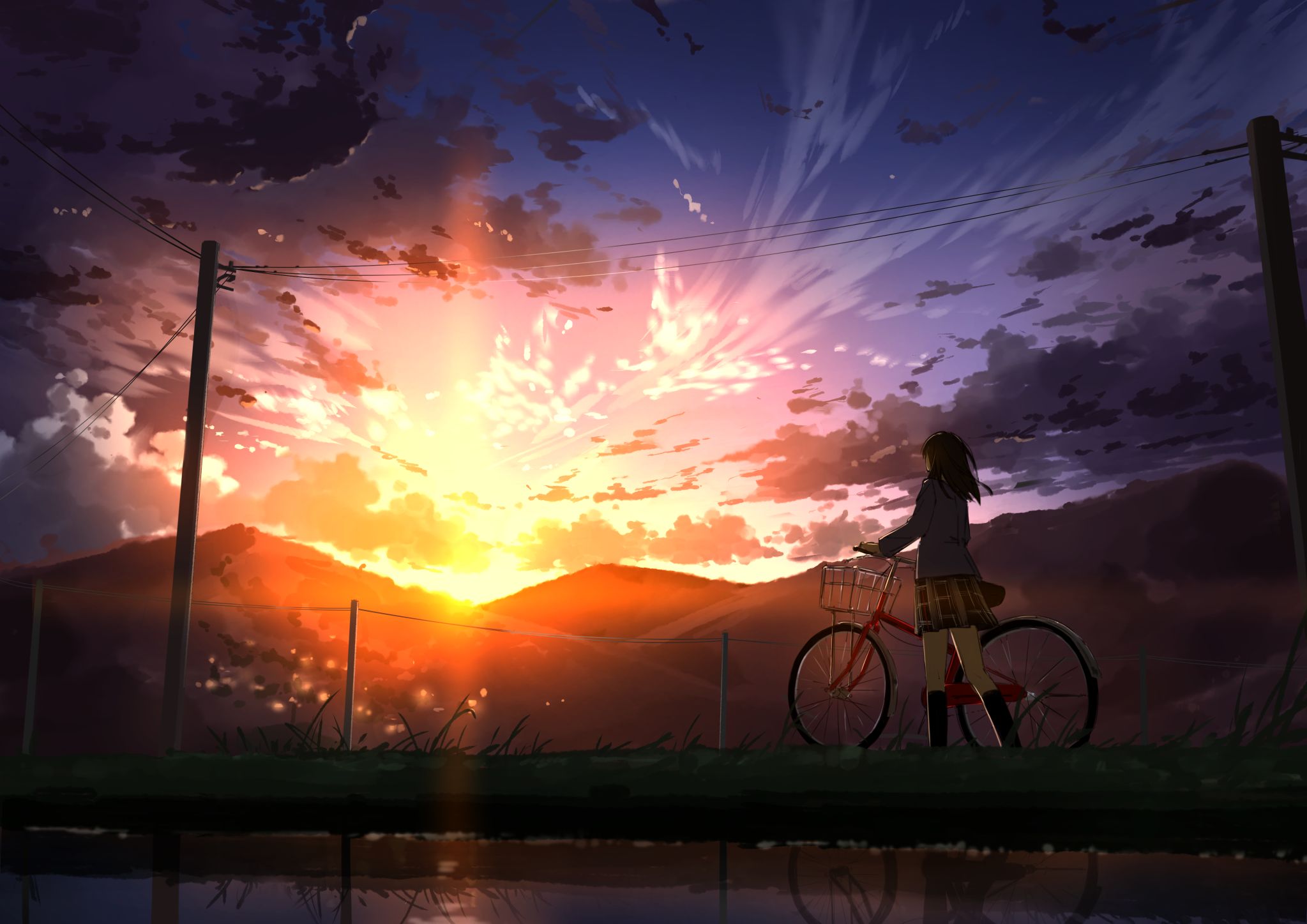 Baixe gratuitamente a imagem Anime, Pôr Do Sol, Bicicleta, Original, Cabelo Longo, Cabelo Castanho, Poste Telefônico na área de trabalho do seu PC