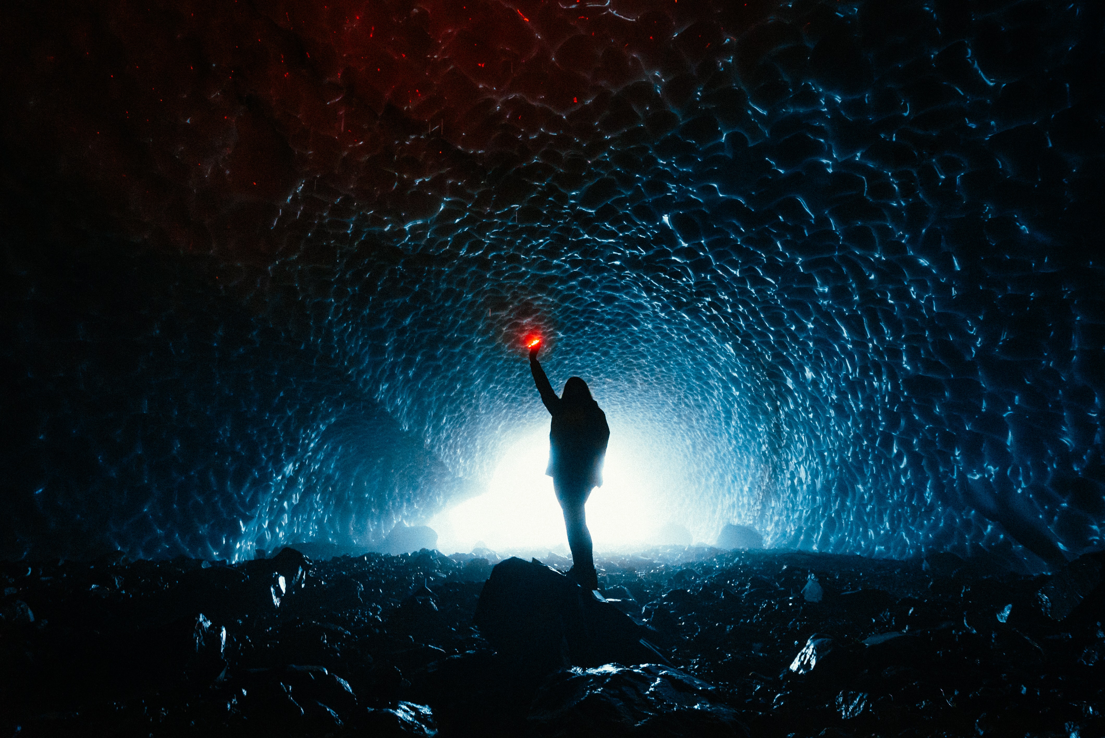Download mobile wallpaper Tunnel, Person, Light, Glow, Shine, Human, Cave, Dark for free.