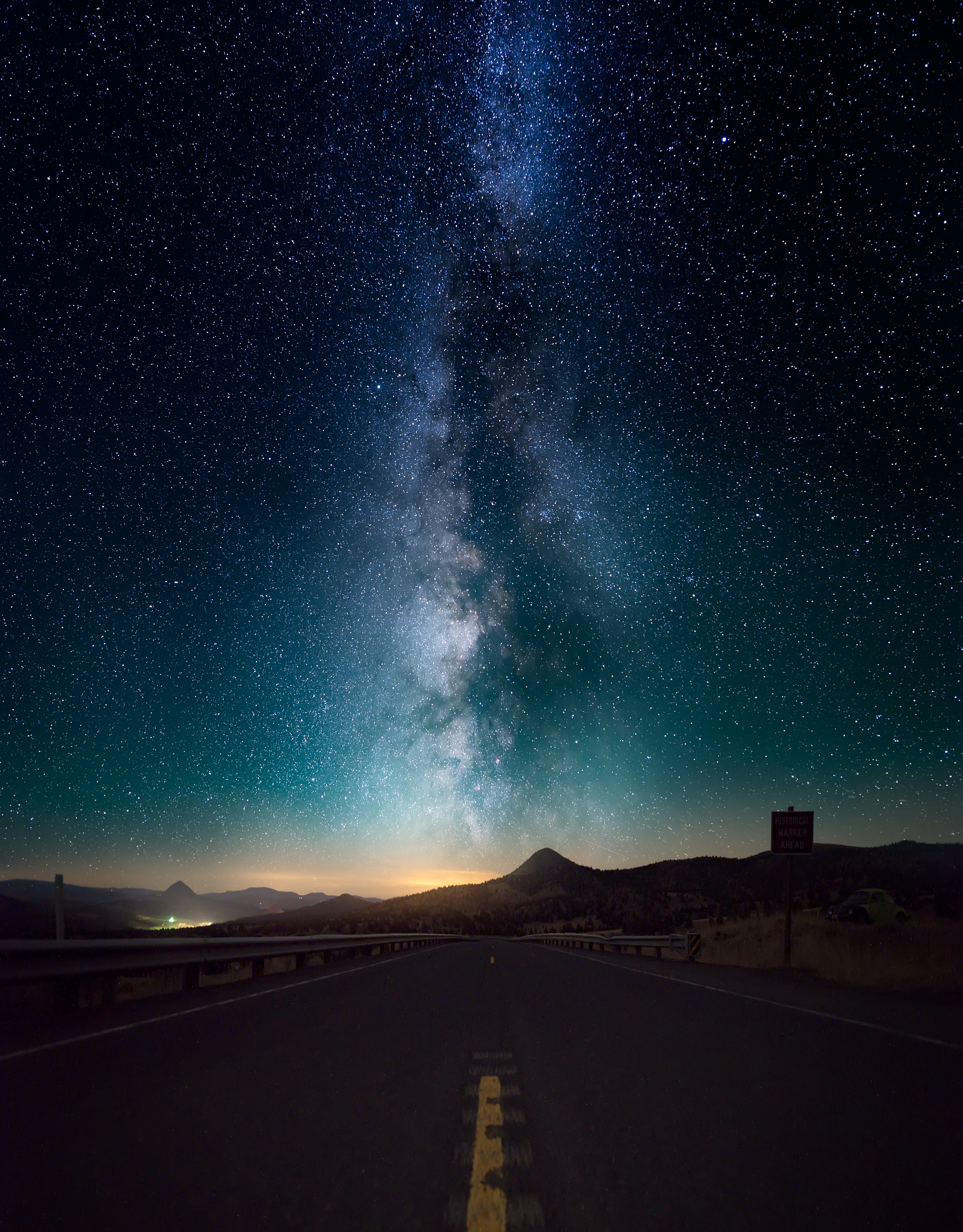night, starry sky, nature, horizon, road Full HD
