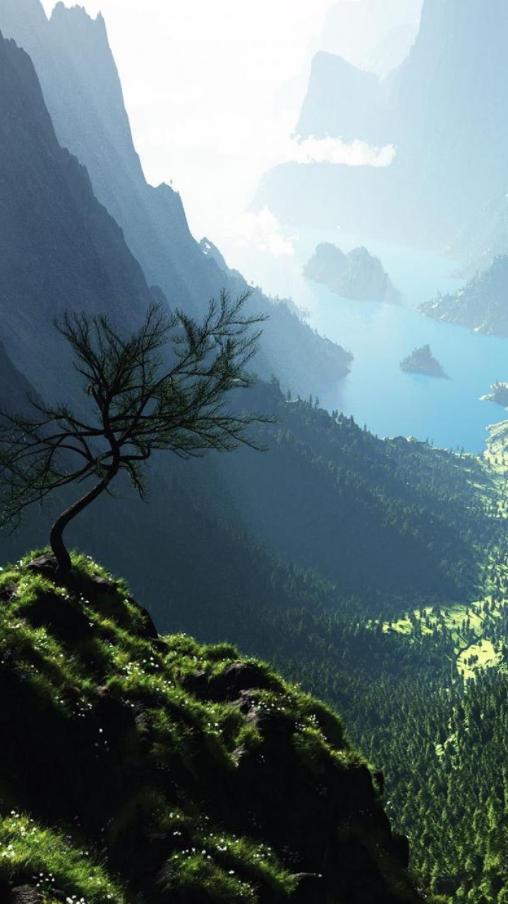 Скачать картинку Пейзаж, Природа, Фэнтези, Гора, Дерево в телефон бесплатно.