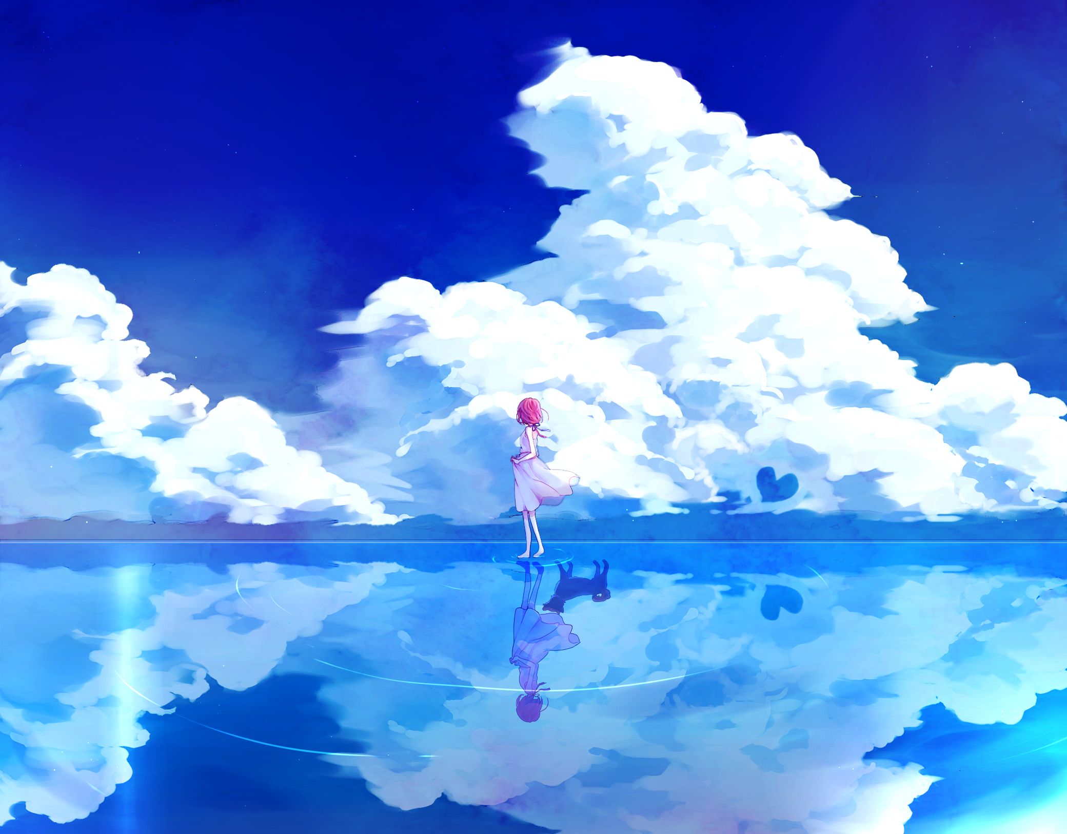 Baixe gratuitamente a imagem Anime, Água, Nuvem, Original, Cabelo Rosa, Reflecção na área de trabalho do seu PC