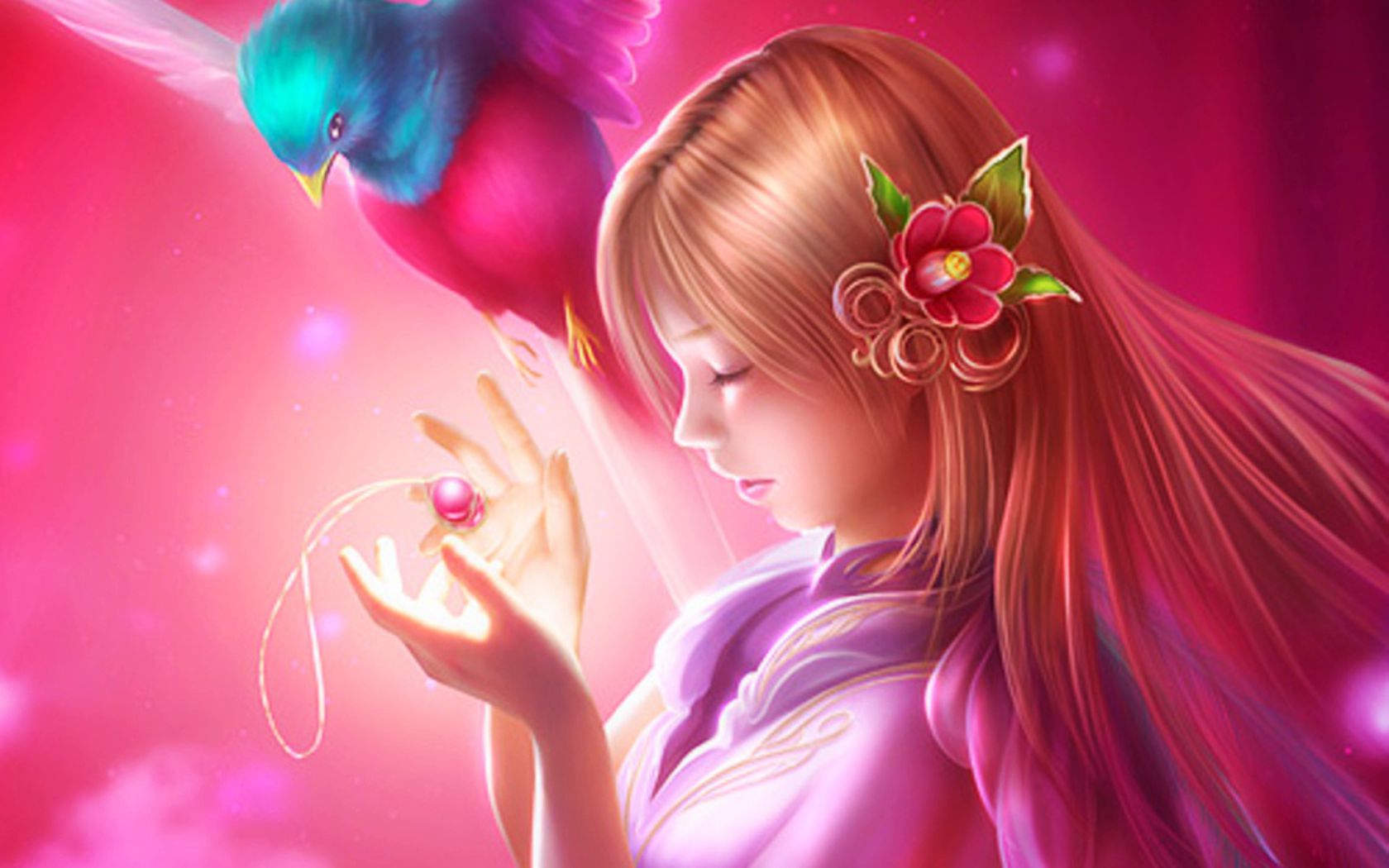 Free download wallpaper Fantasy, Flower, Bird, Colors, Women, Necklace on your PC desktop