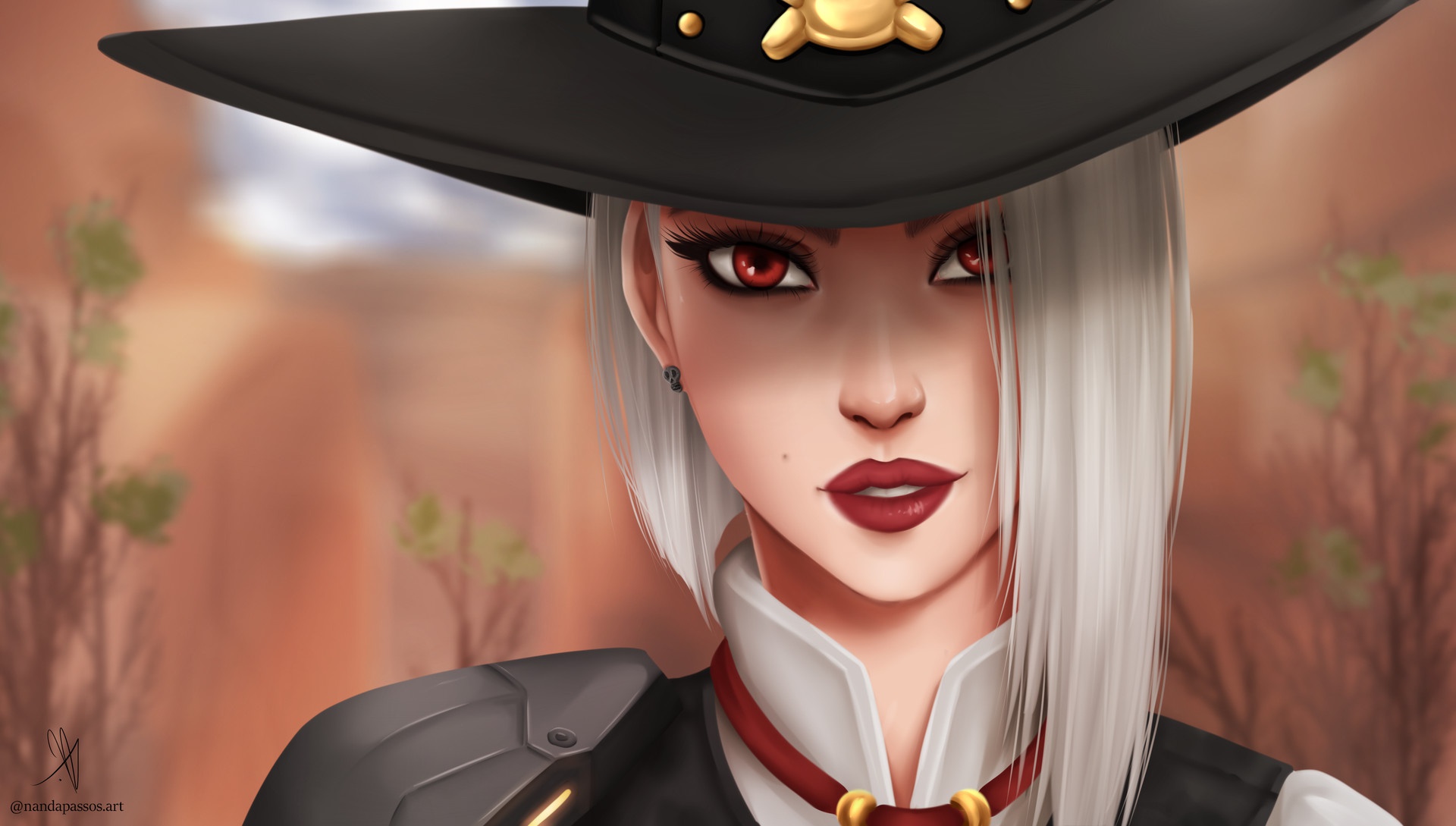 ashe (overwatch), video game, overwatch, face, lipstick, red eyes, white hair