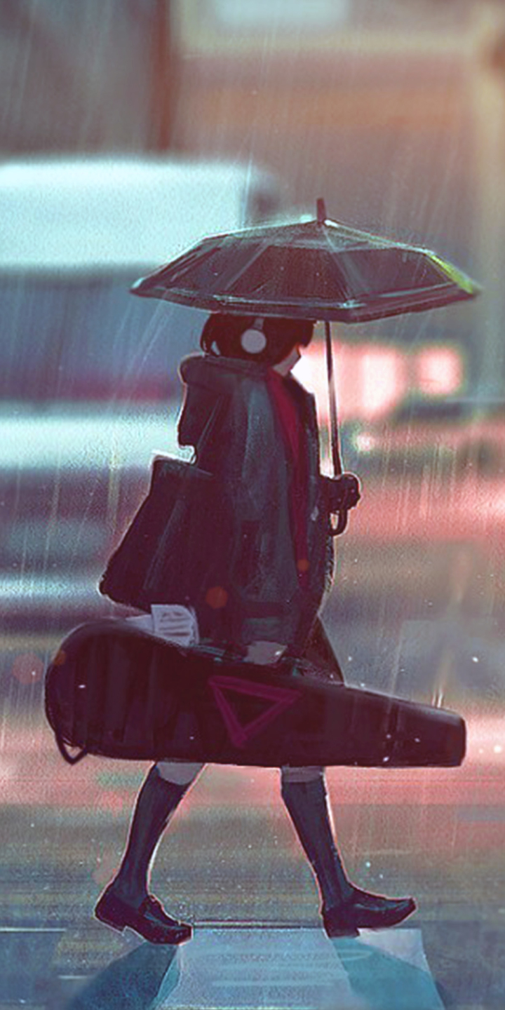 Download mobile wallpaper Anime, Rain, Umbrella, Violin, Original for free.