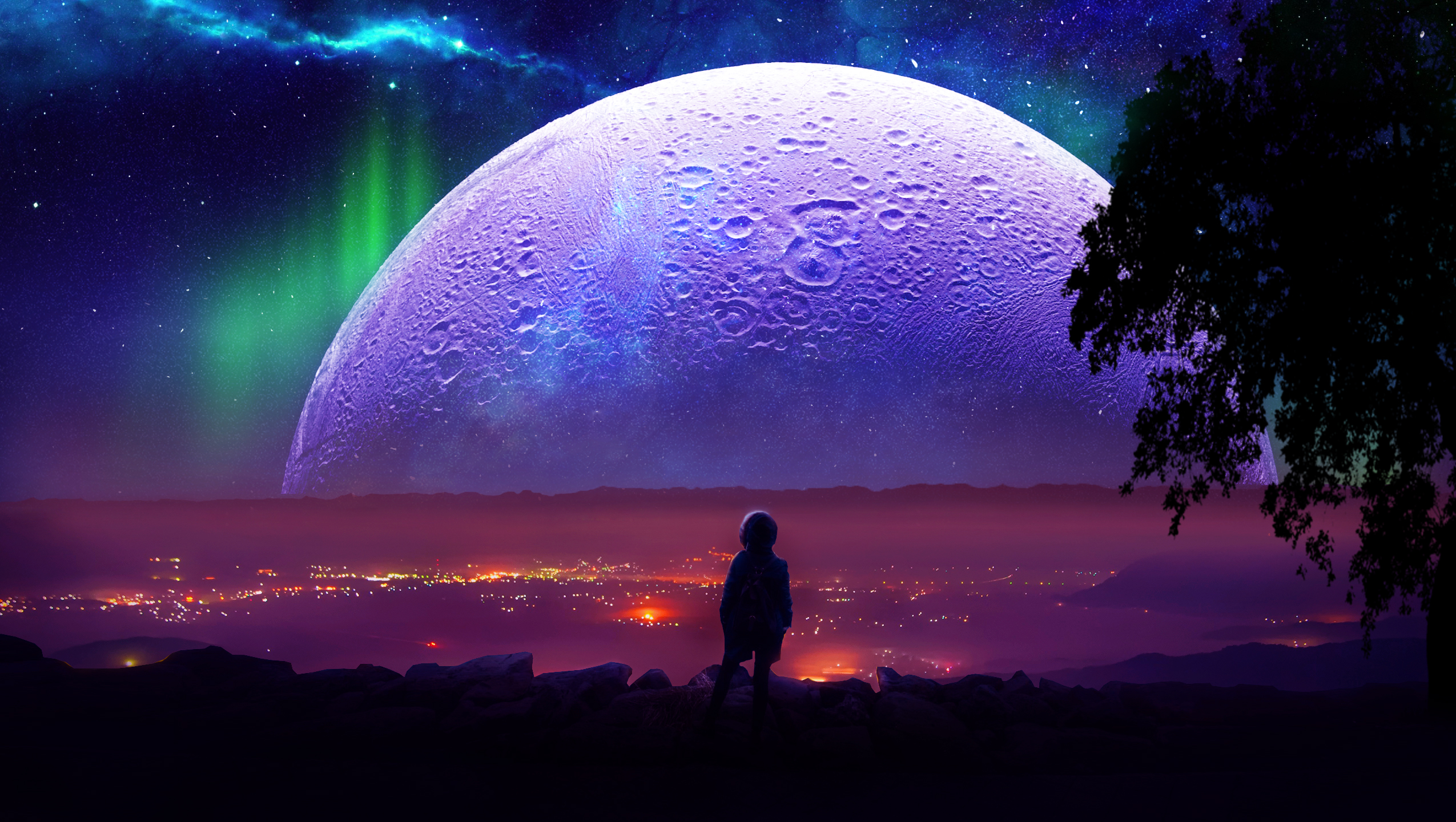 Laden Sie das Landschaft, Mond, Science Fiction, Planetenaufgang, Nordlicht-Bild kostenlos auf Ihren PC-Desktop herunter