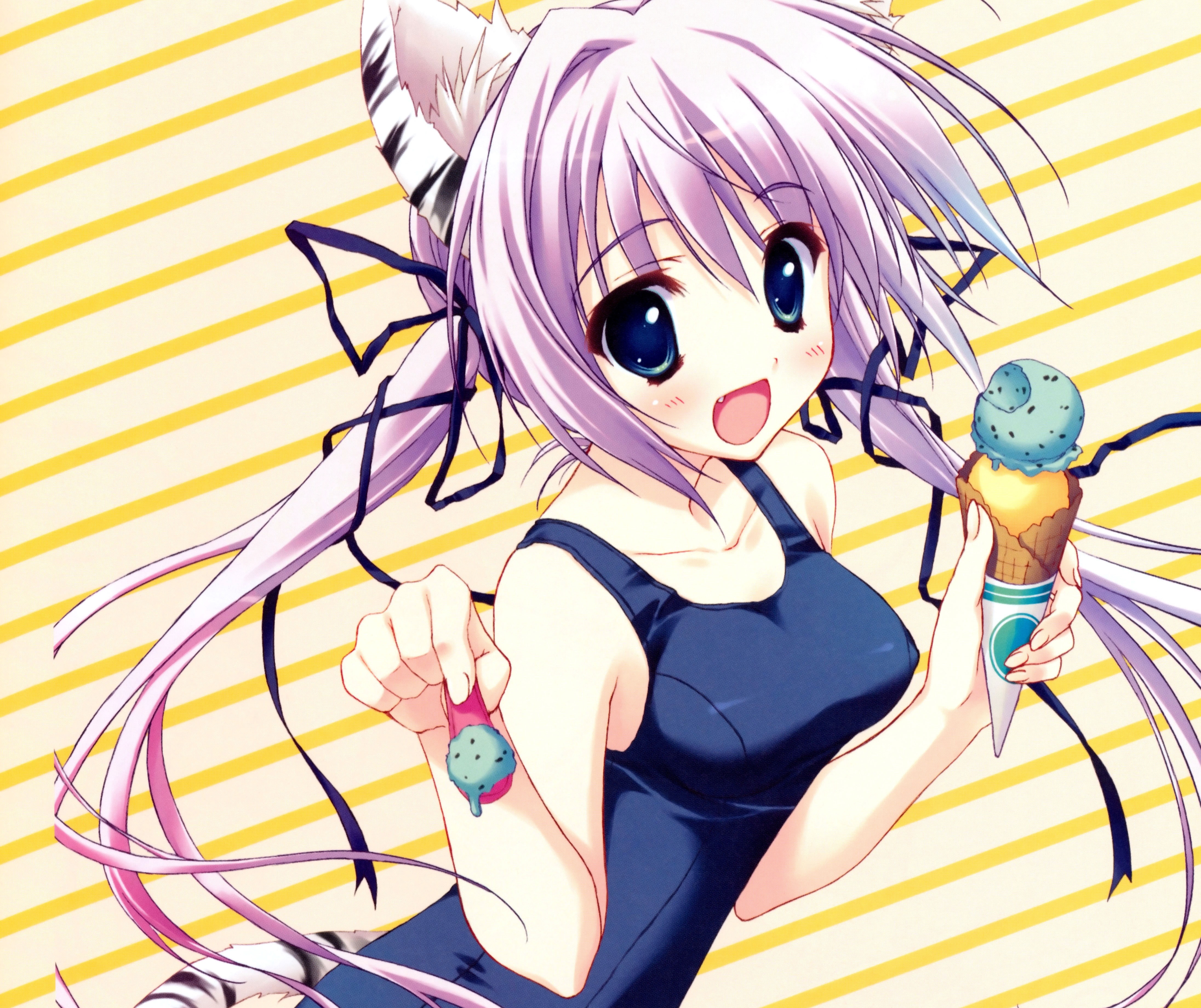 Free HD anime, original, blue eyes, cat girl, ice cream, smile, swimsuit, twintails