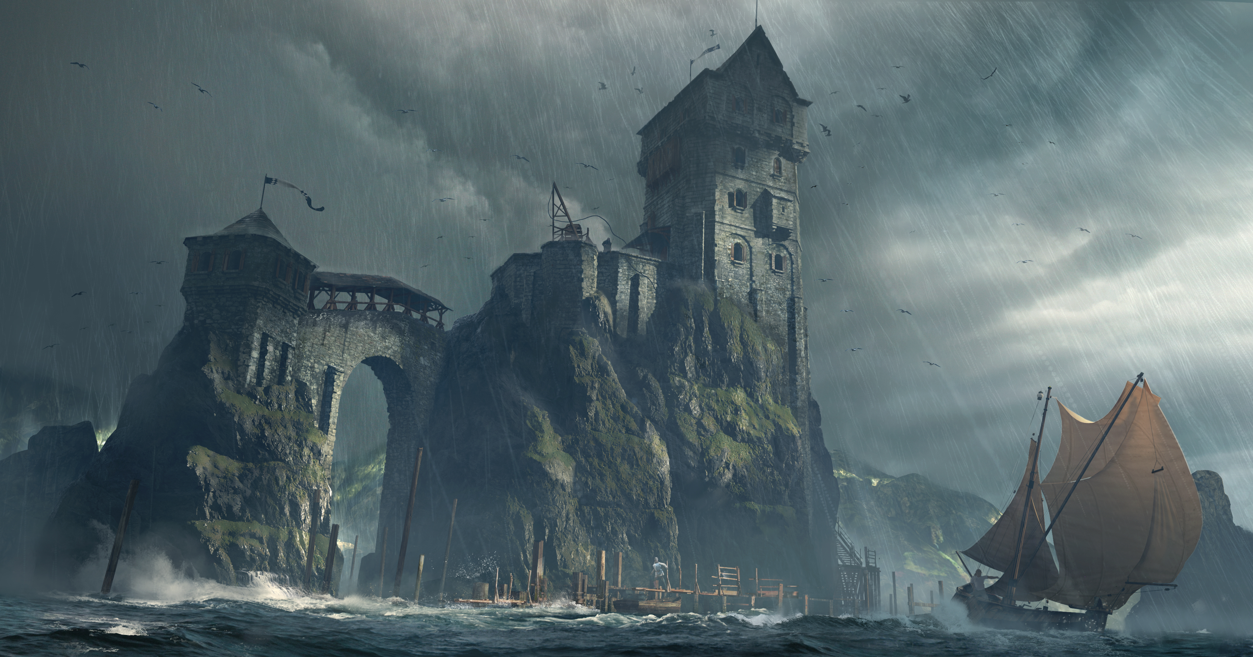 Free download wallpaper Fantasy, Rain, Building, Coast, Boat, Arch on your PC desktop