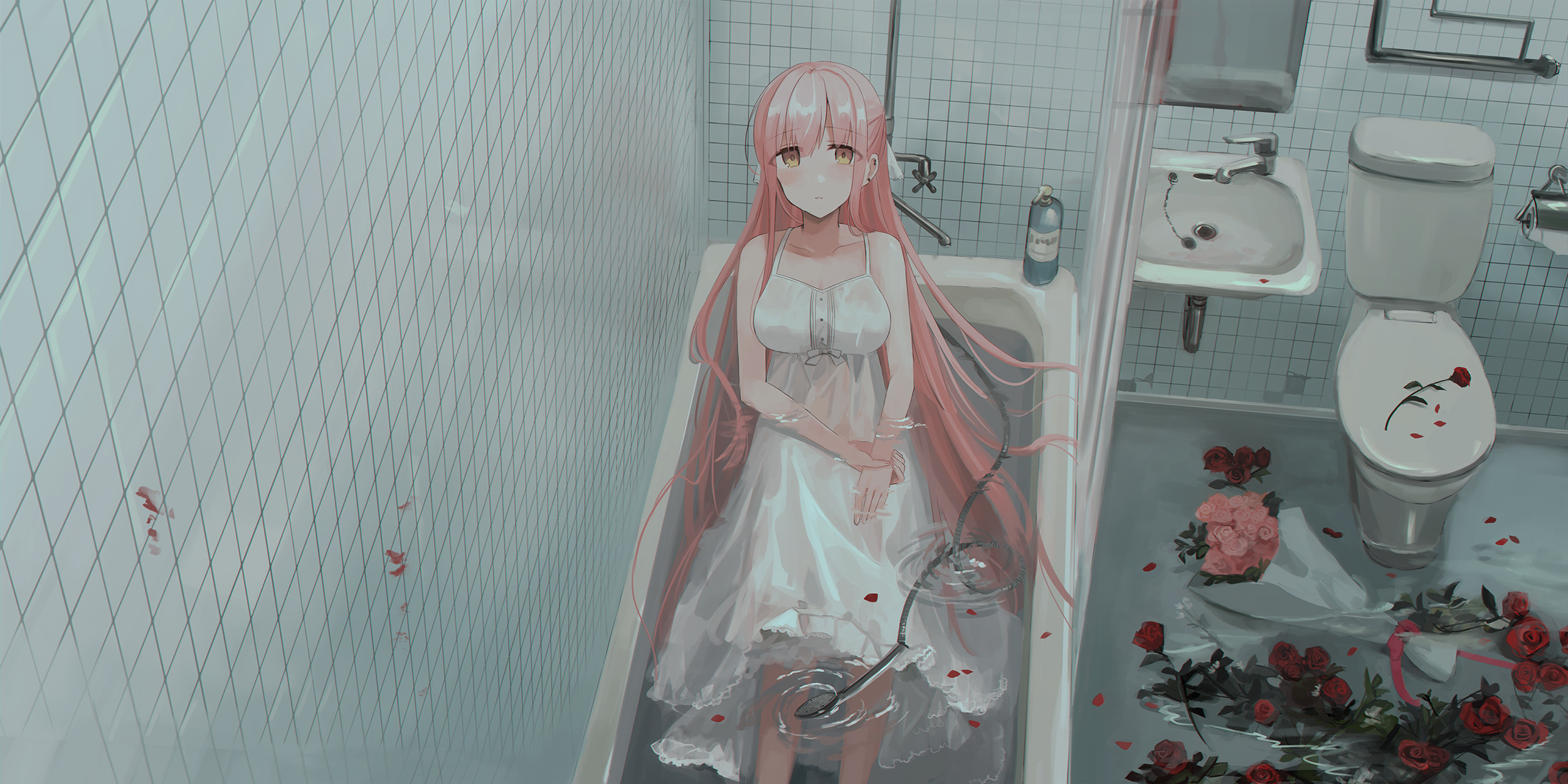 anime, original, bathroom, long hair, pink hair