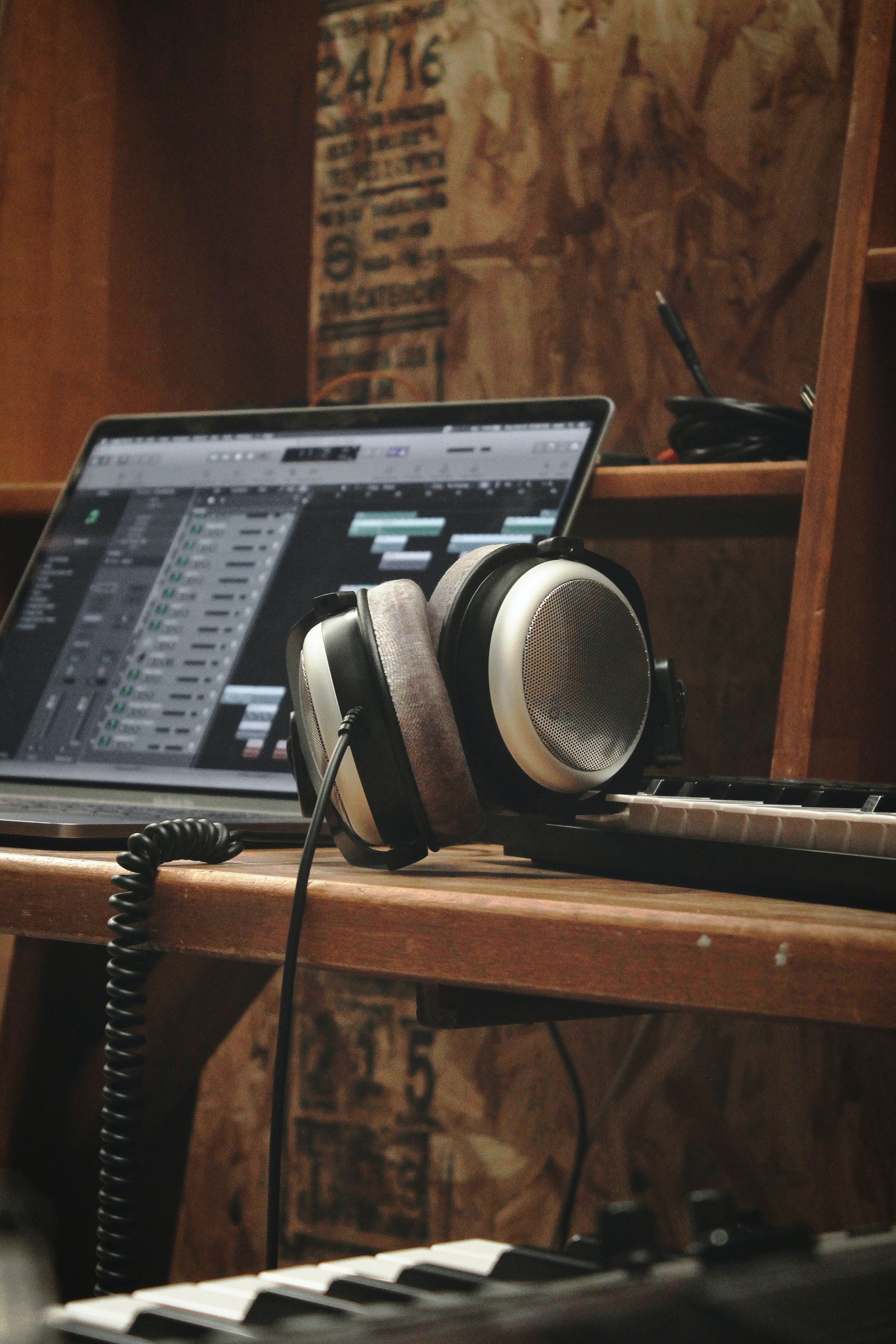 music, laptop, synthesizer, headphones, sound recording, notebook
