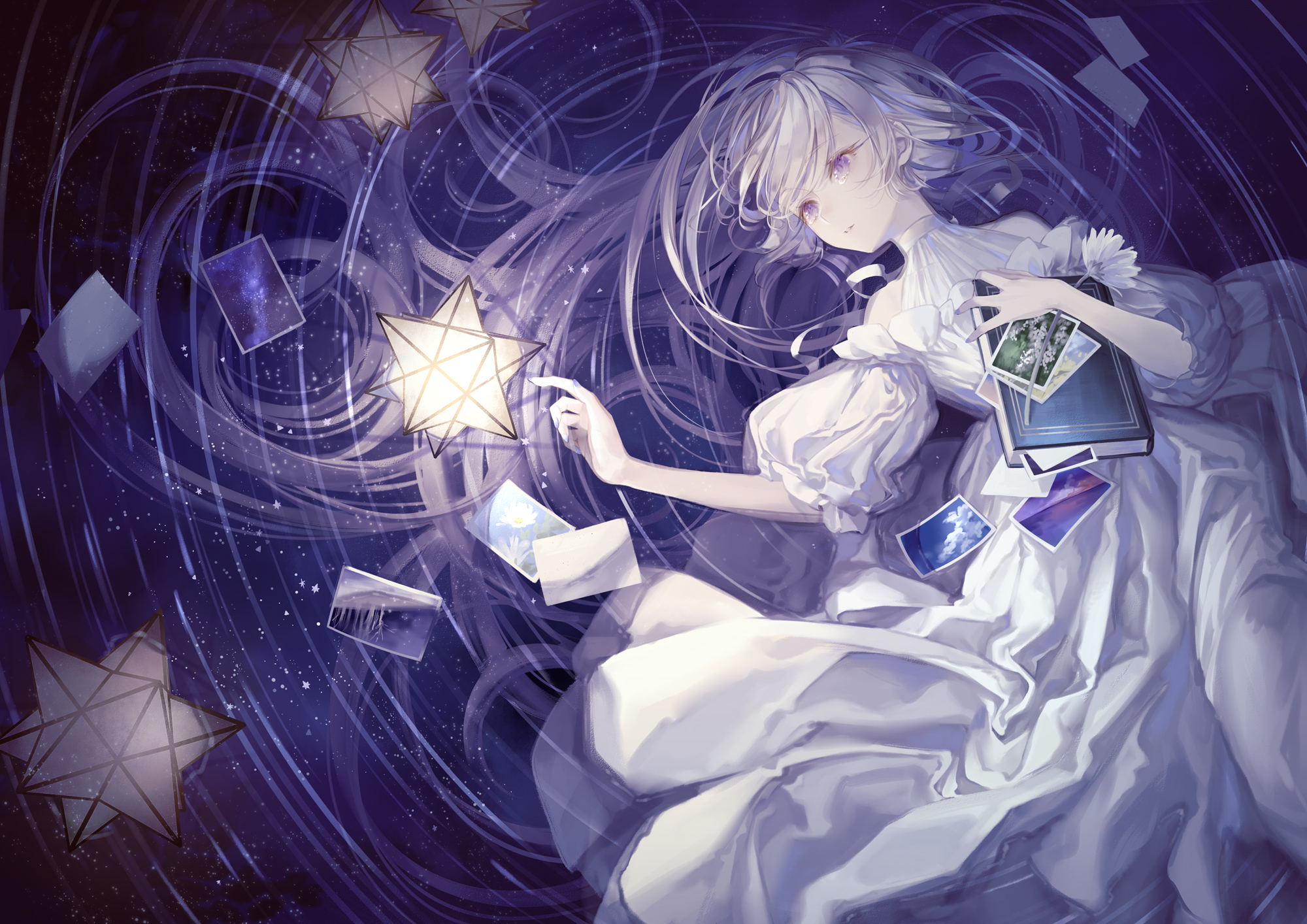 Download mobile wallpaper Anime, Girl, Book, Dress, Long Hair, Purple Eyes, White Hair for free.