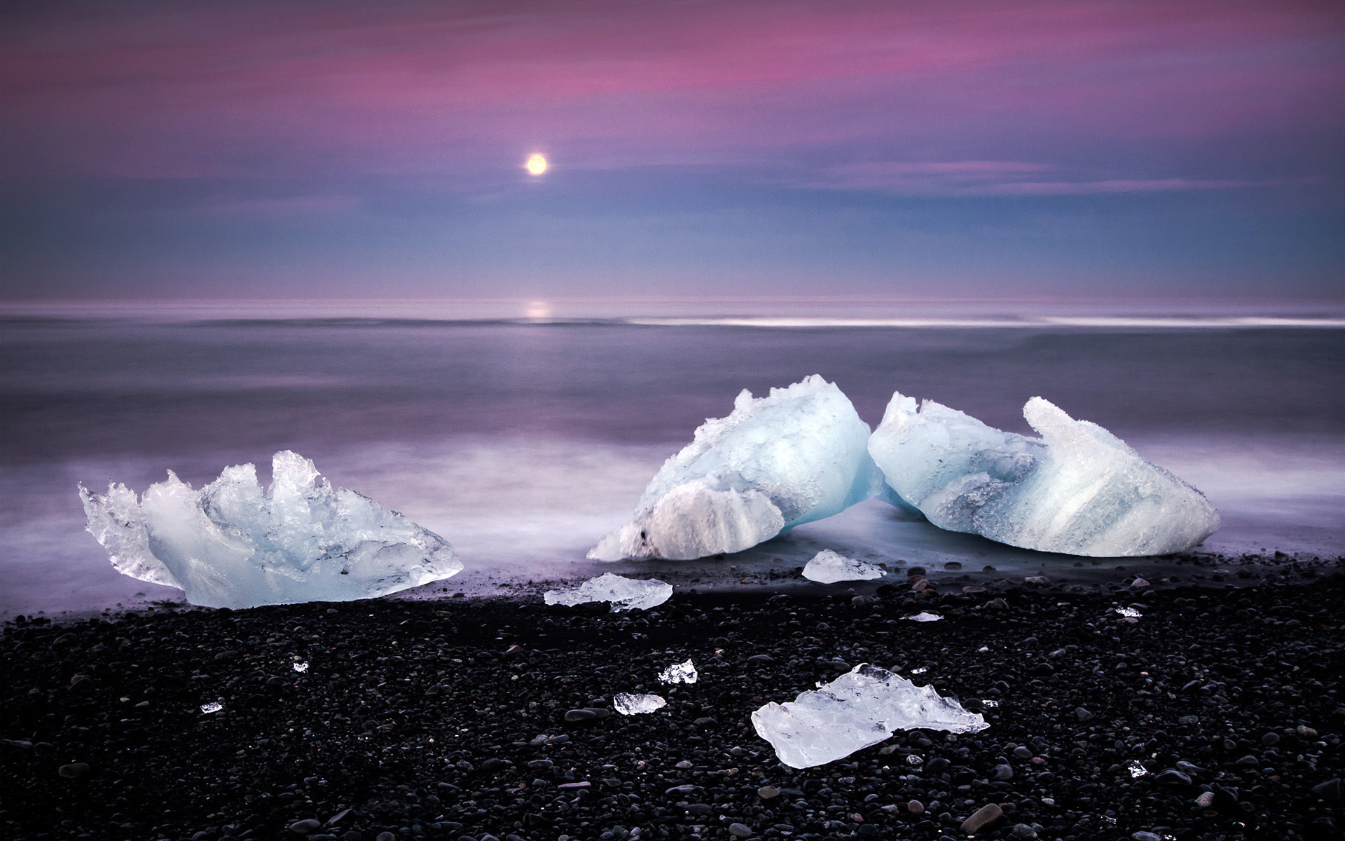 Download mobile wallpaper Sky, Ice, Night, Beach, Moon, Shore, Ocean, Earth for free.