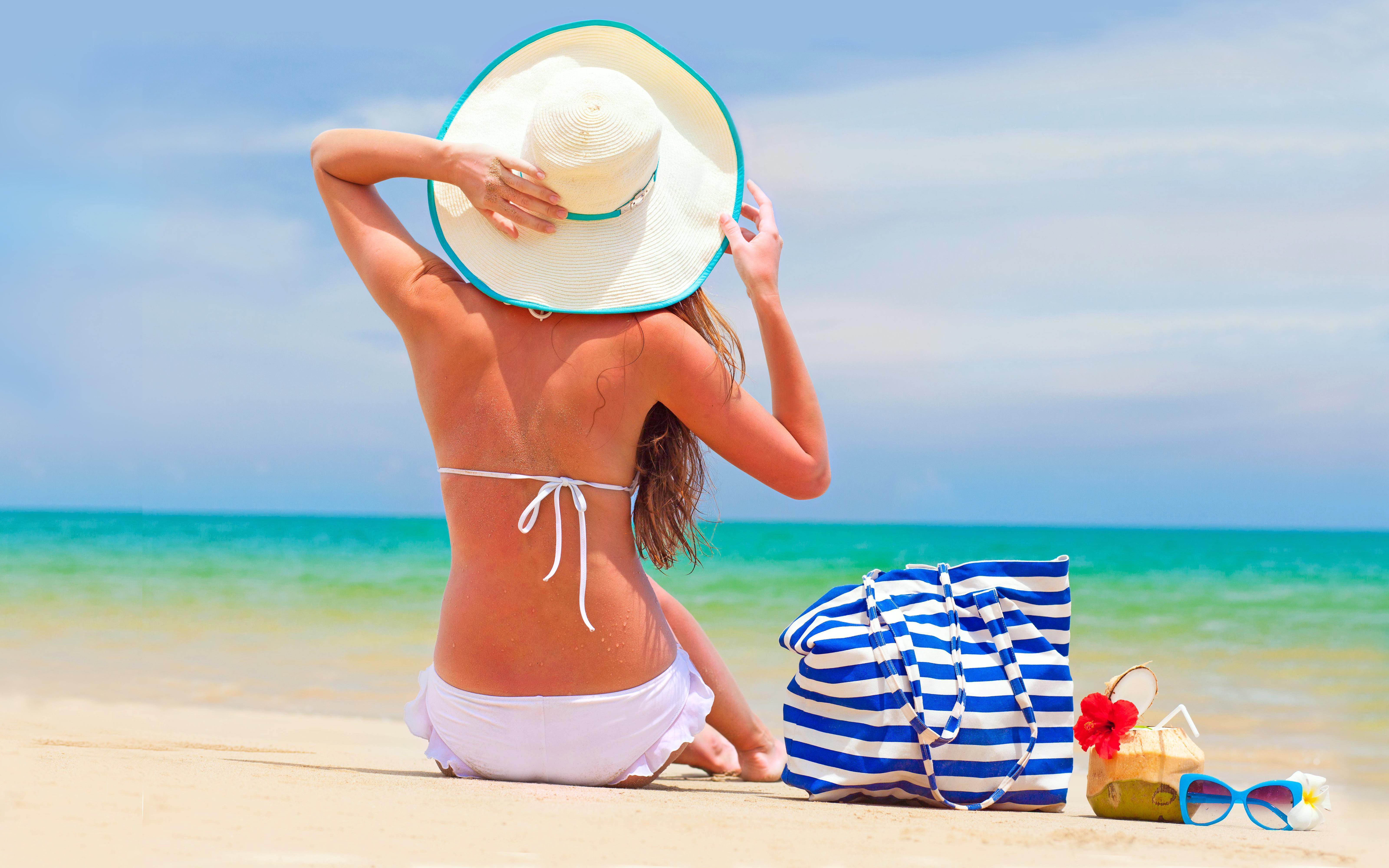 Laden Sie das Strand, Sommer, Horizont, Tropisch, Hut, Frauen, Schönheiten-Bild kostenlos auf Ihren PC-Desktop herunter
