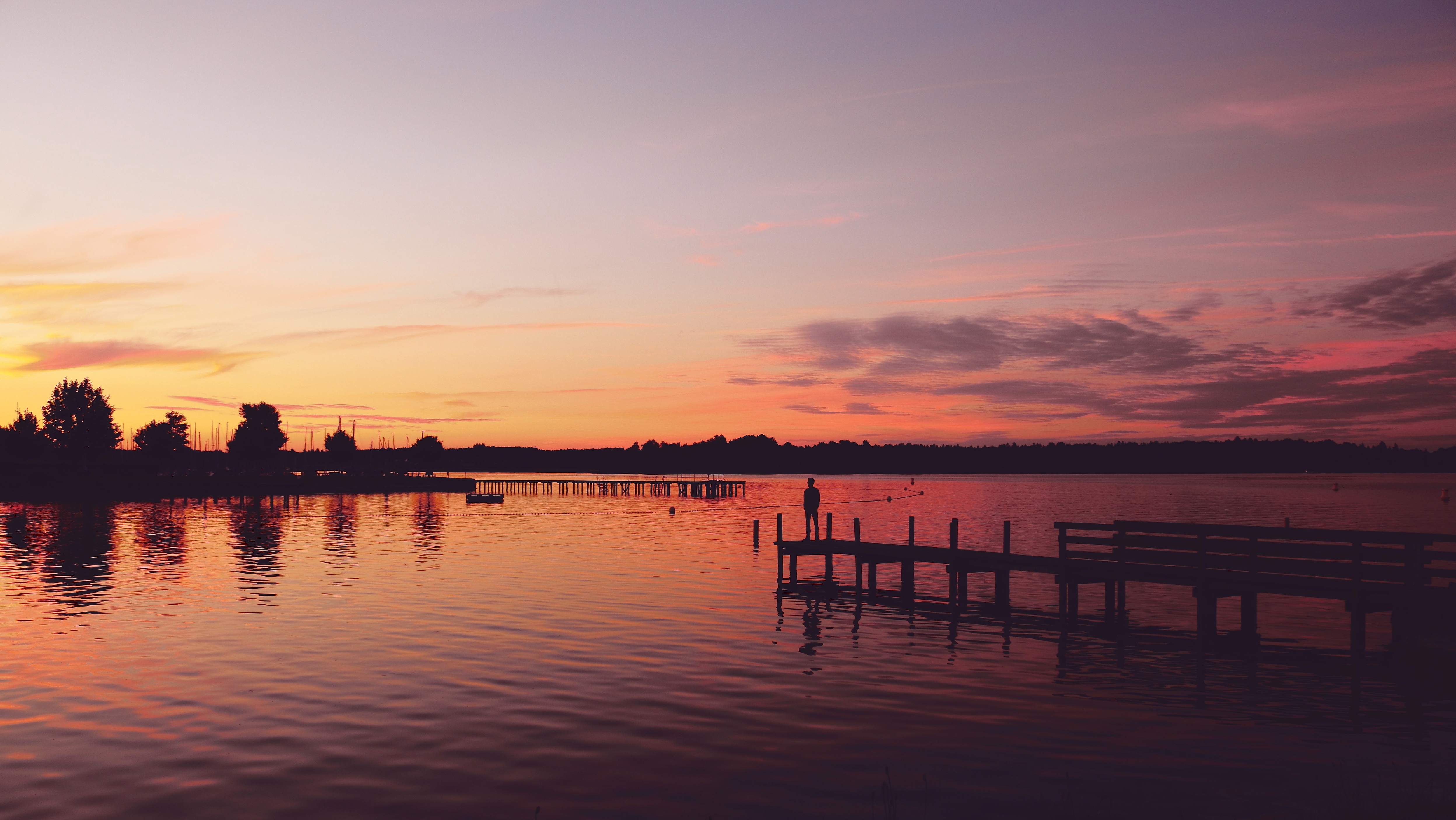 Free download wallpaper Nature, Lake, Pier, Sunset, Loneliness, Silhouette on your PC desktop