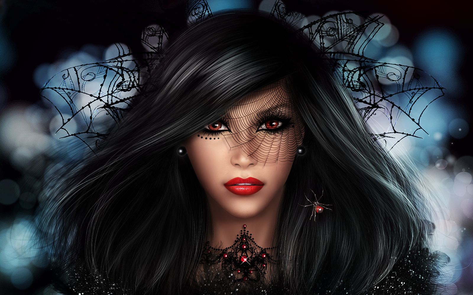 dark, gothic, brunette, fantasy, lipstick, spider HD wallpaper