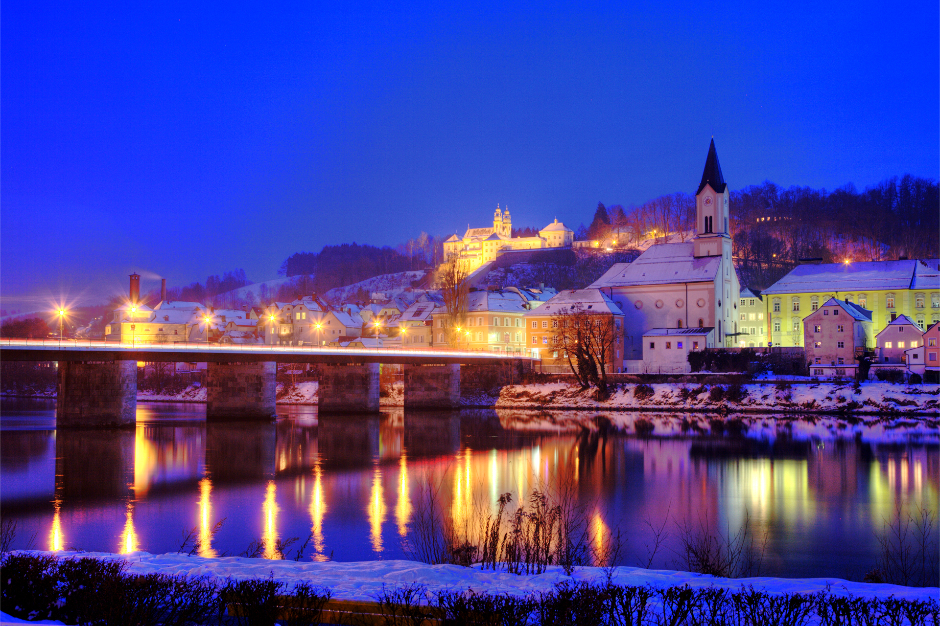 Free download wallpaper City, Light, Bridge, Evening, River, Germany, Town, Man Made, Towns on your PC desktop