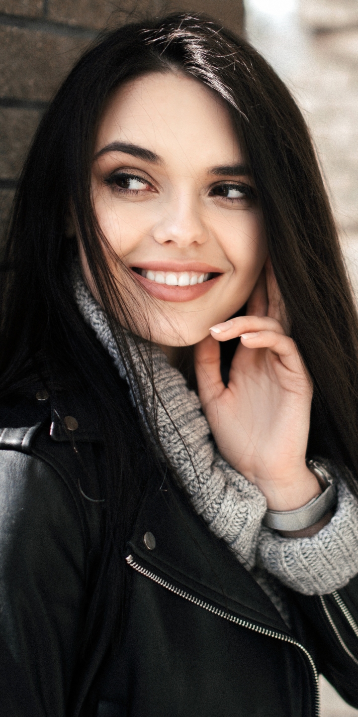 Download mobile wallpaper Smile, Model, Women, Black Hair, Leather Jacket for free.