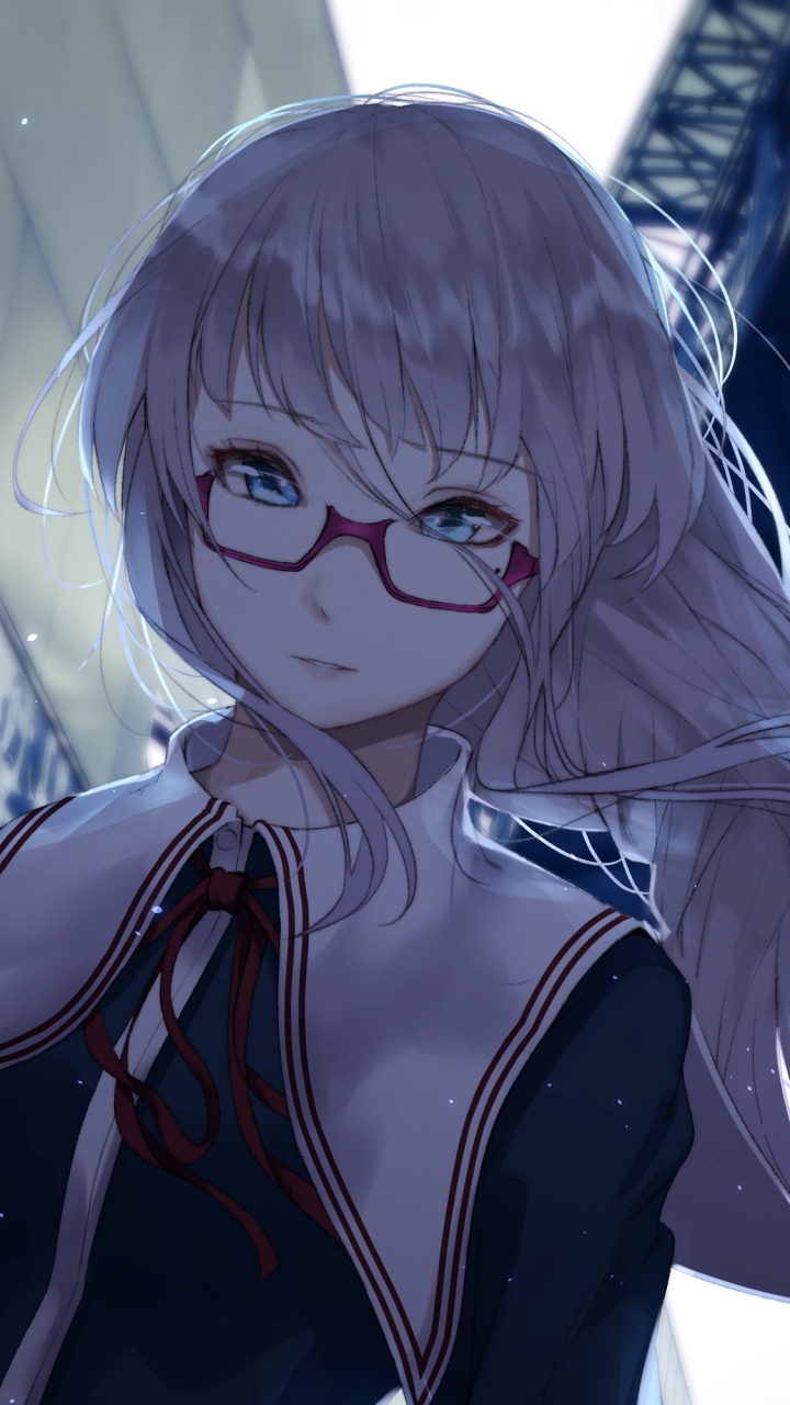 Download mobile wallpaper Anime, Glasses, Blue Eyes, Original, School Uniform, Long Hair, White Hair for free.