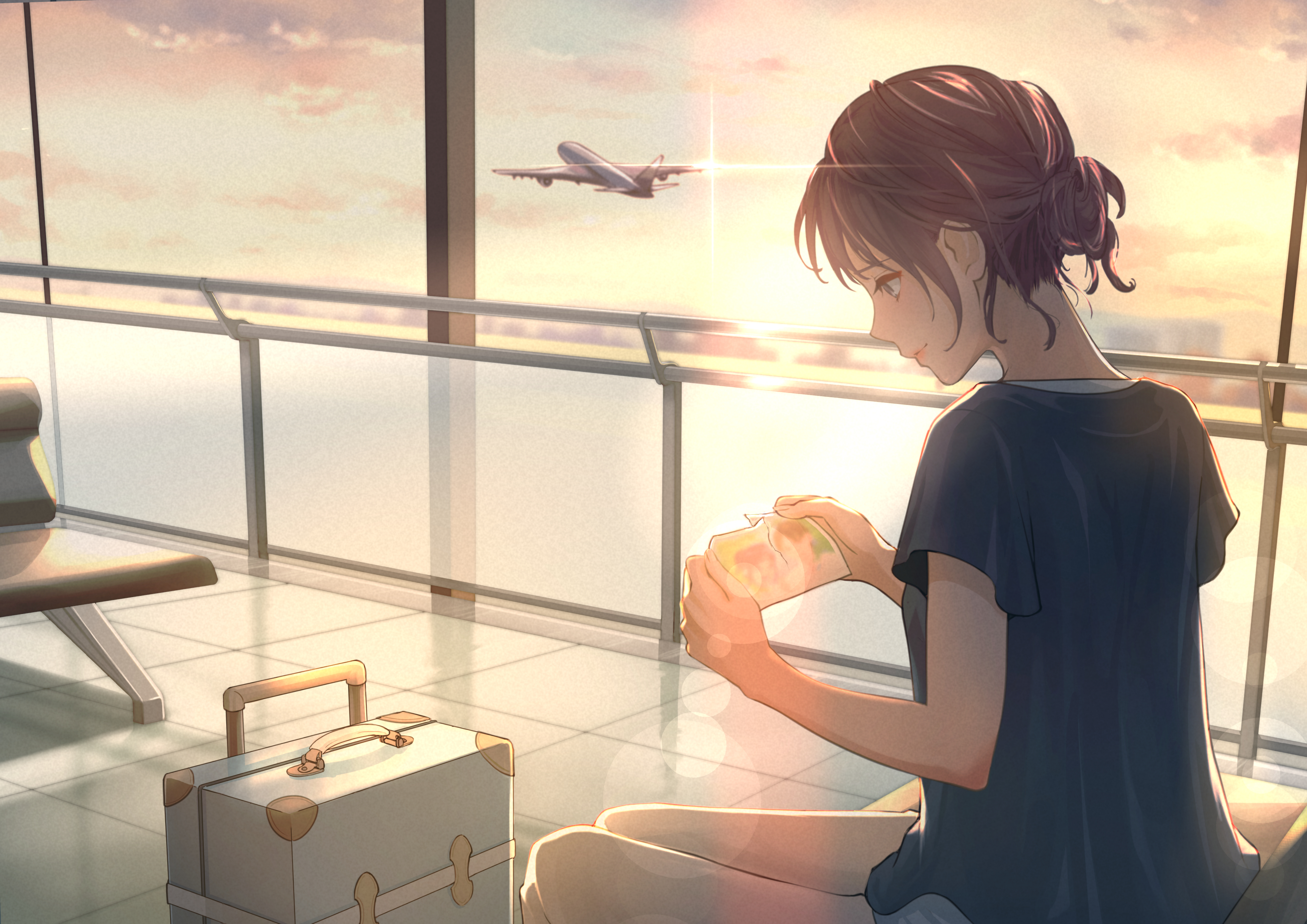 Laden Sie das Flugzeug, Flughafen, Original, Sonnenuntergang, Animes-Bild kostenlos auf Ihren PC-Desktop herunter