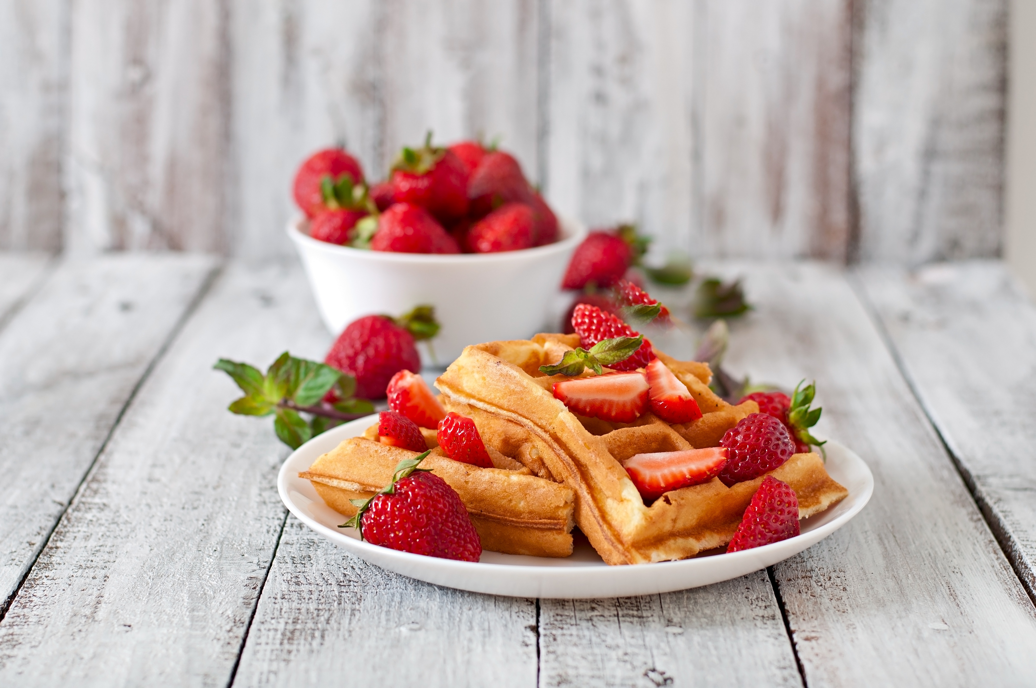 Download mobile wallpaper Food, Strawberry, Still Life, Fruit, Waffle, Breakfast for free.