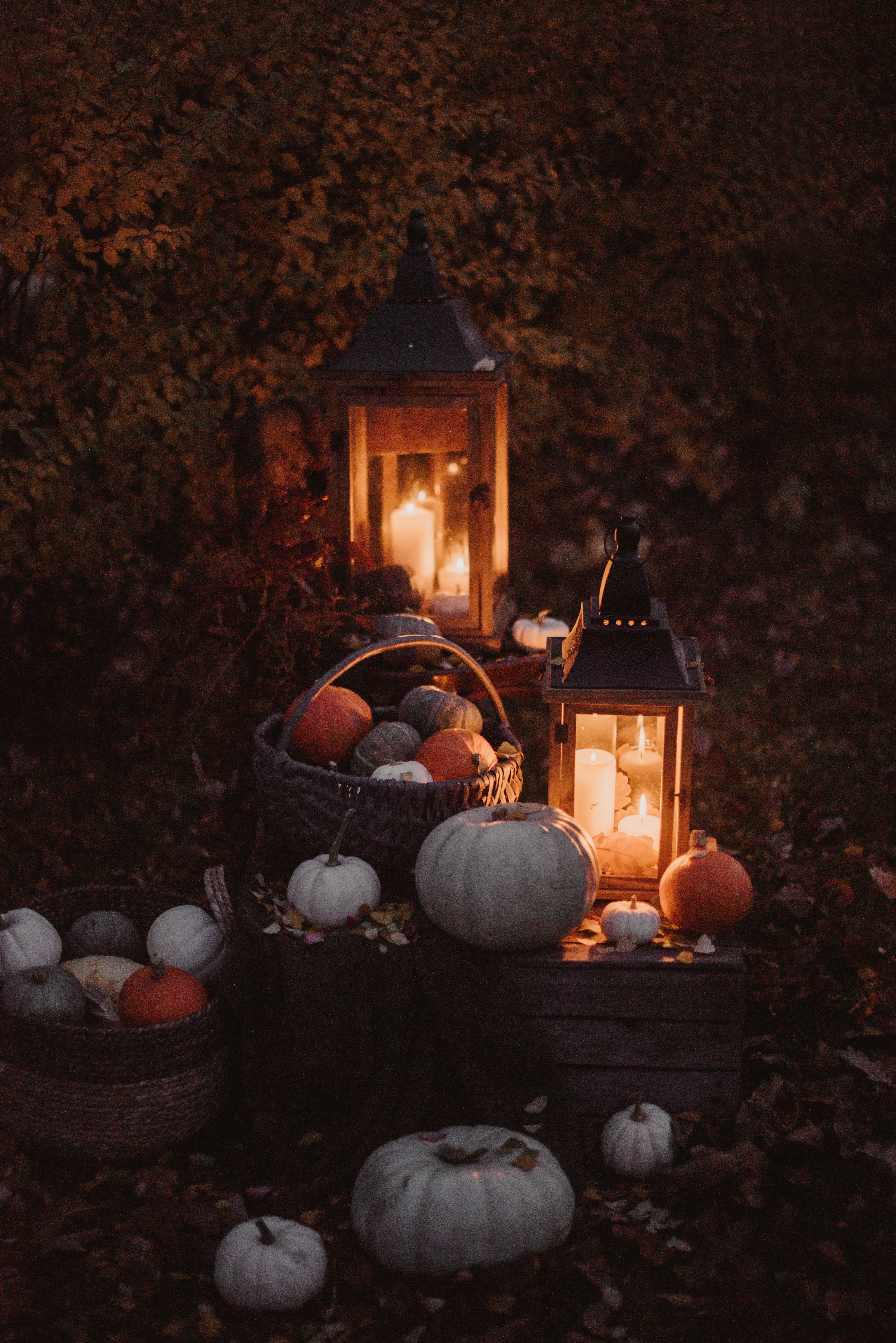 autumn, pumpkin, candles, miscellanea, lights, shine, light, miscellaneous, lanterns, basket