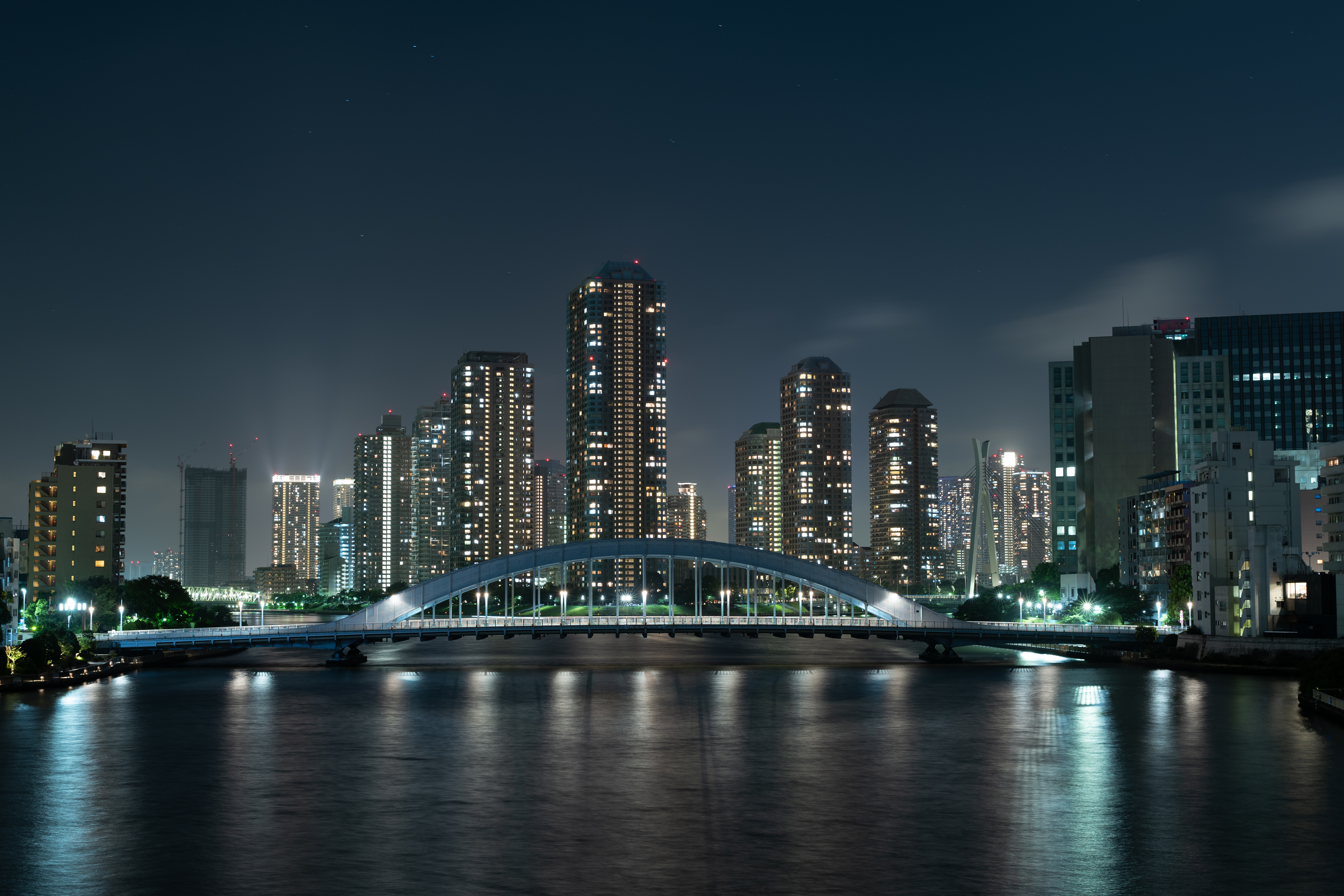 Download mobile wallpaper Skyscrapers, Bridge, Cities, Rivers, Night City, Tokyo, Japan for free.
