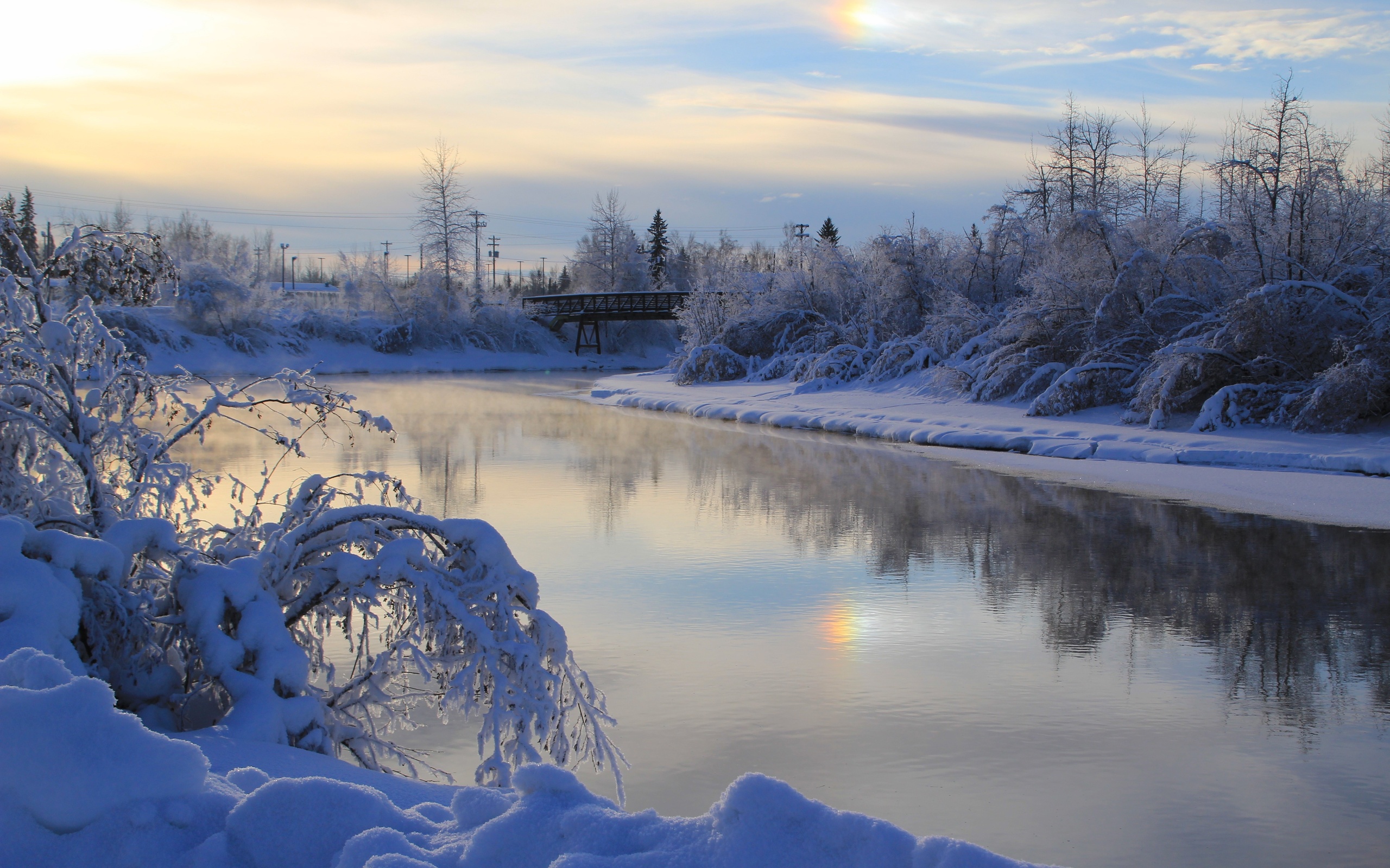 Download mobile wallpaper Winter, Snow, Earth, Bridge, River for free.