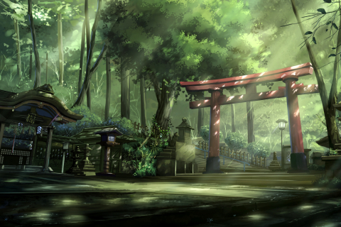 1268575 скачать картинку аниме, темпл, храм, лес, япония - обои и заставки бесплатно