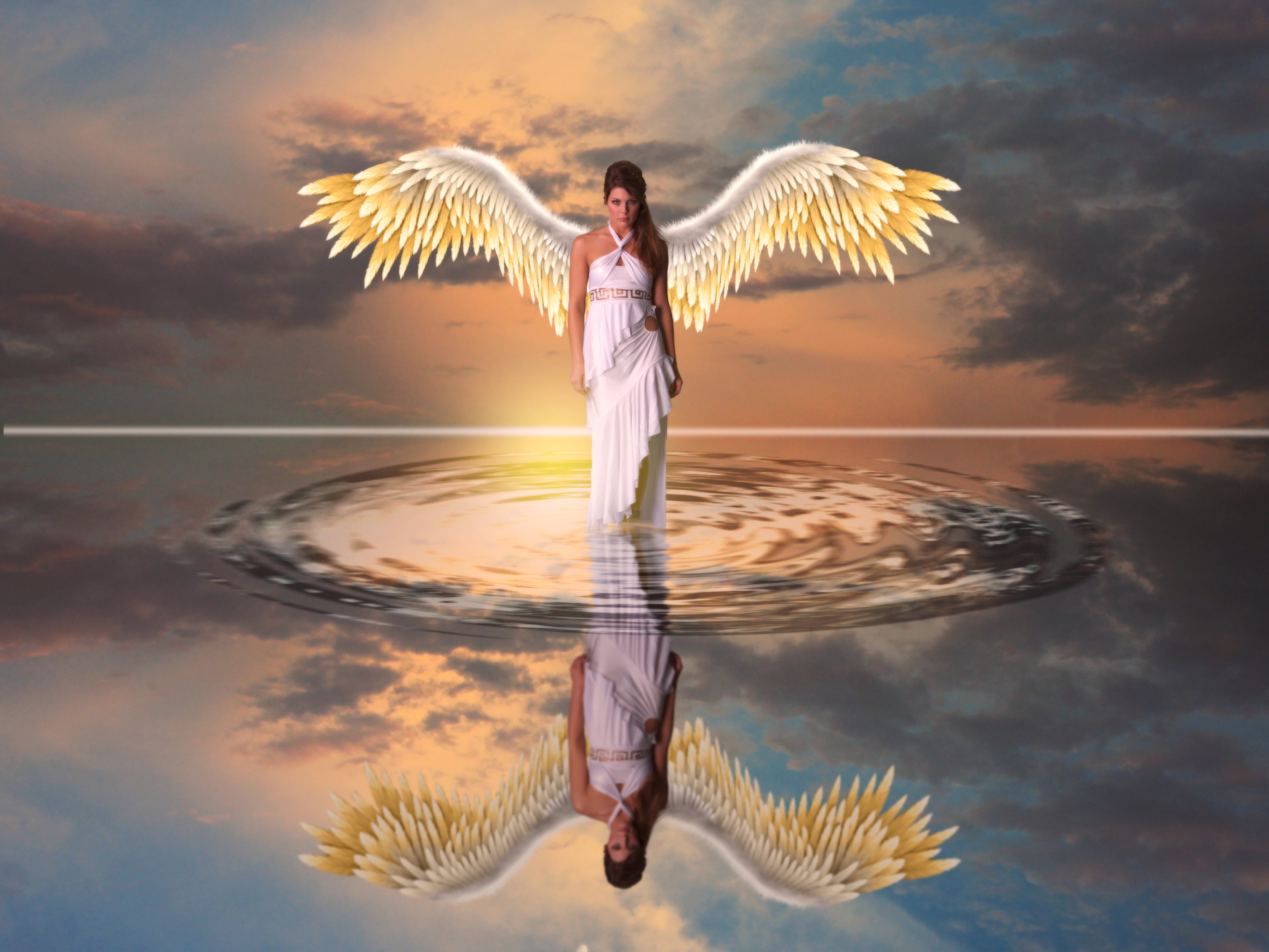Download mobile wallpaper Water, Fantasy, Reflection, Wings, Angel, Manipulation for free.