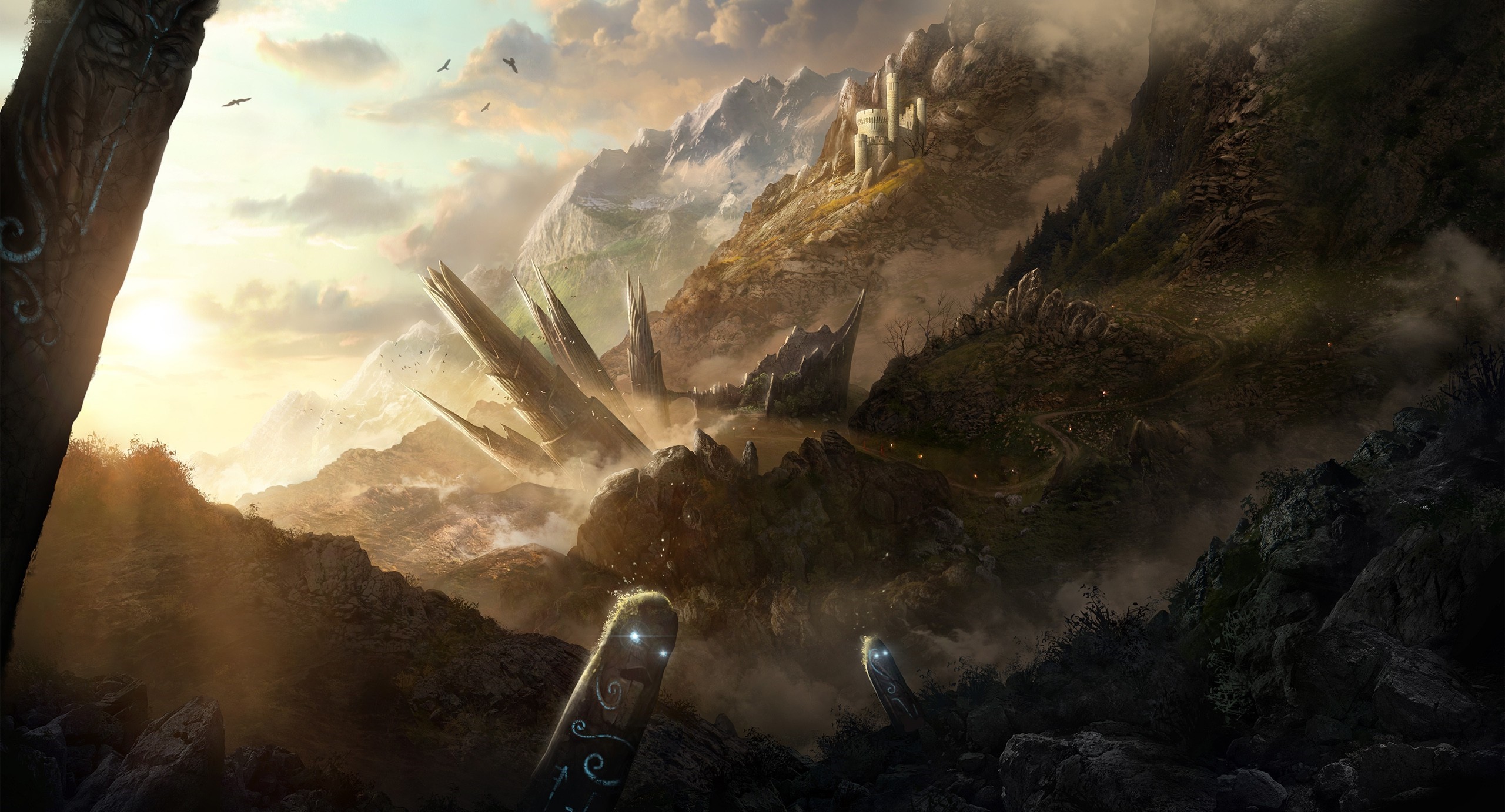Free download wallpaper Landscape, Fantasy, Mountain, Bird, Castle on your PC desktop
