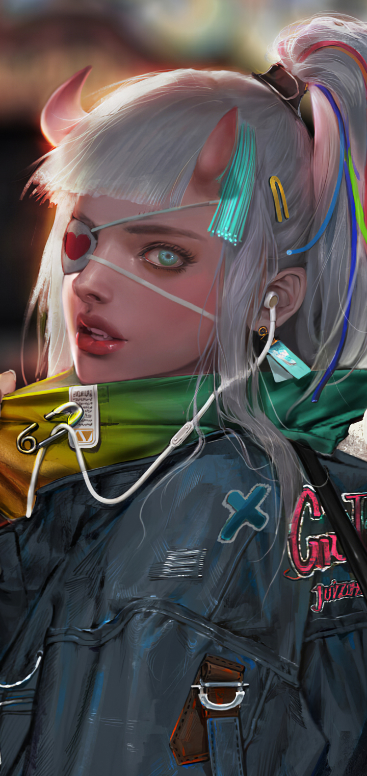 Download mobile wallpaper Cyberpunk, Sci Fi, White Hair, Woman Warrior, Eye Patch, Ponytail for free.